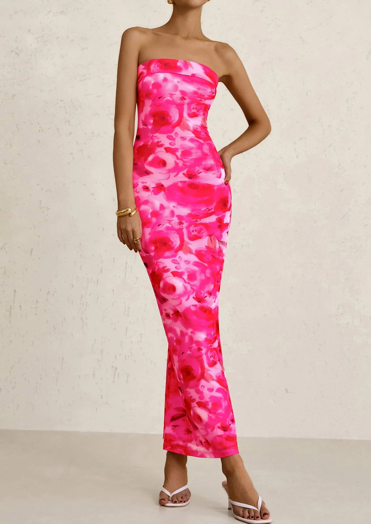 Womens Printed Tube Maxi Dress Strapless Bodycon Sleeveless Night Out Long Dresses