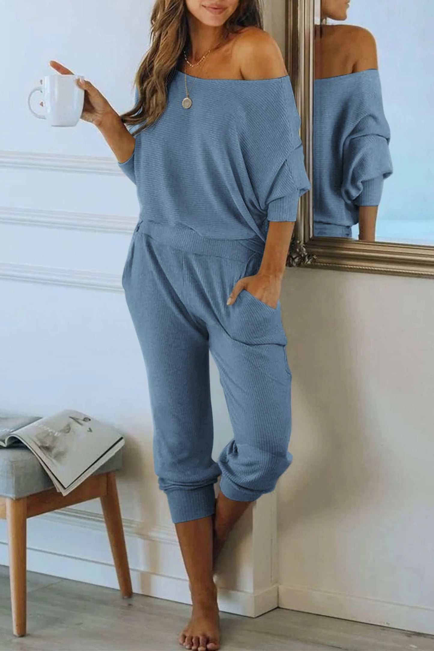 Women's 2 Piece Ribbed Tracksuit Outfits Off Shoulder Long Sleeve Pullover Lounge Pants with Pockets