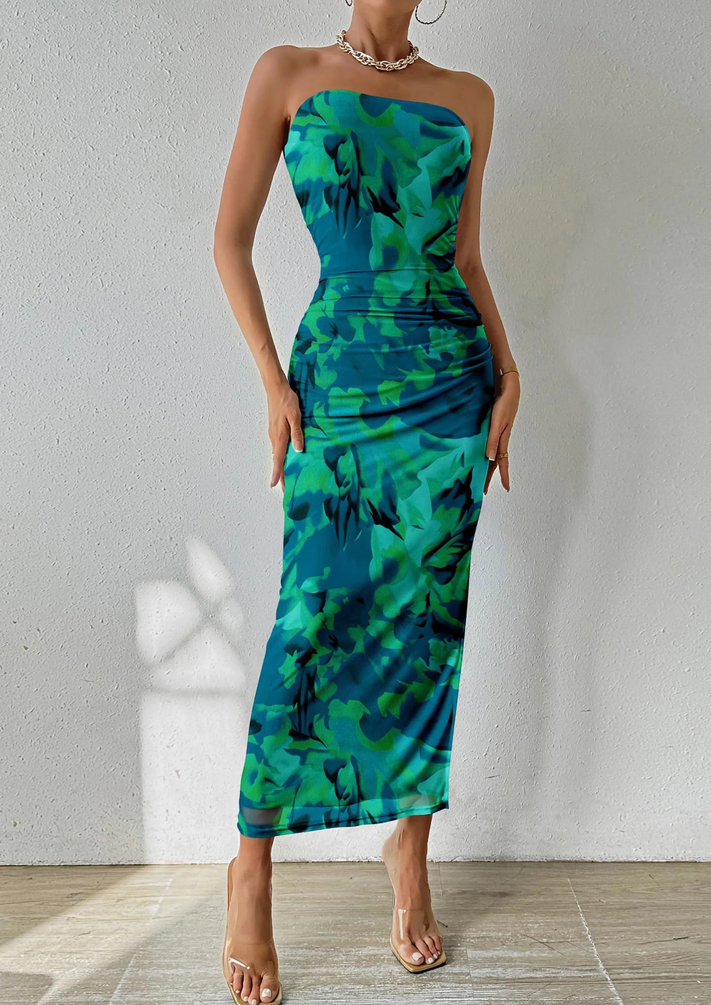 Women's Maxi Bodycon Dresses Strapless Tube Top Slit Floral Printed Party Club Long Dress