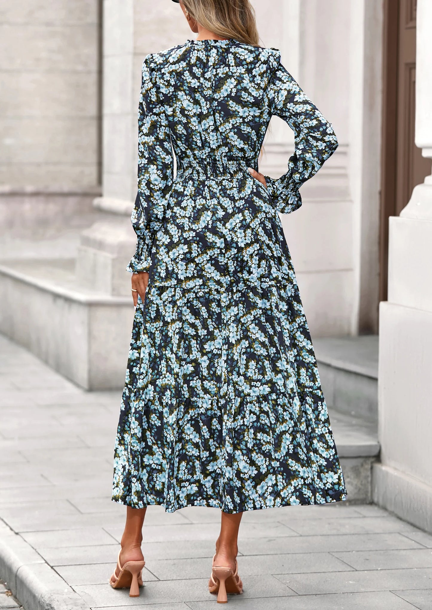 Women's Floral Maxi Dress Spring Long Sleeve V Neck Casual A Line Long Flowy Boho Party Dresses