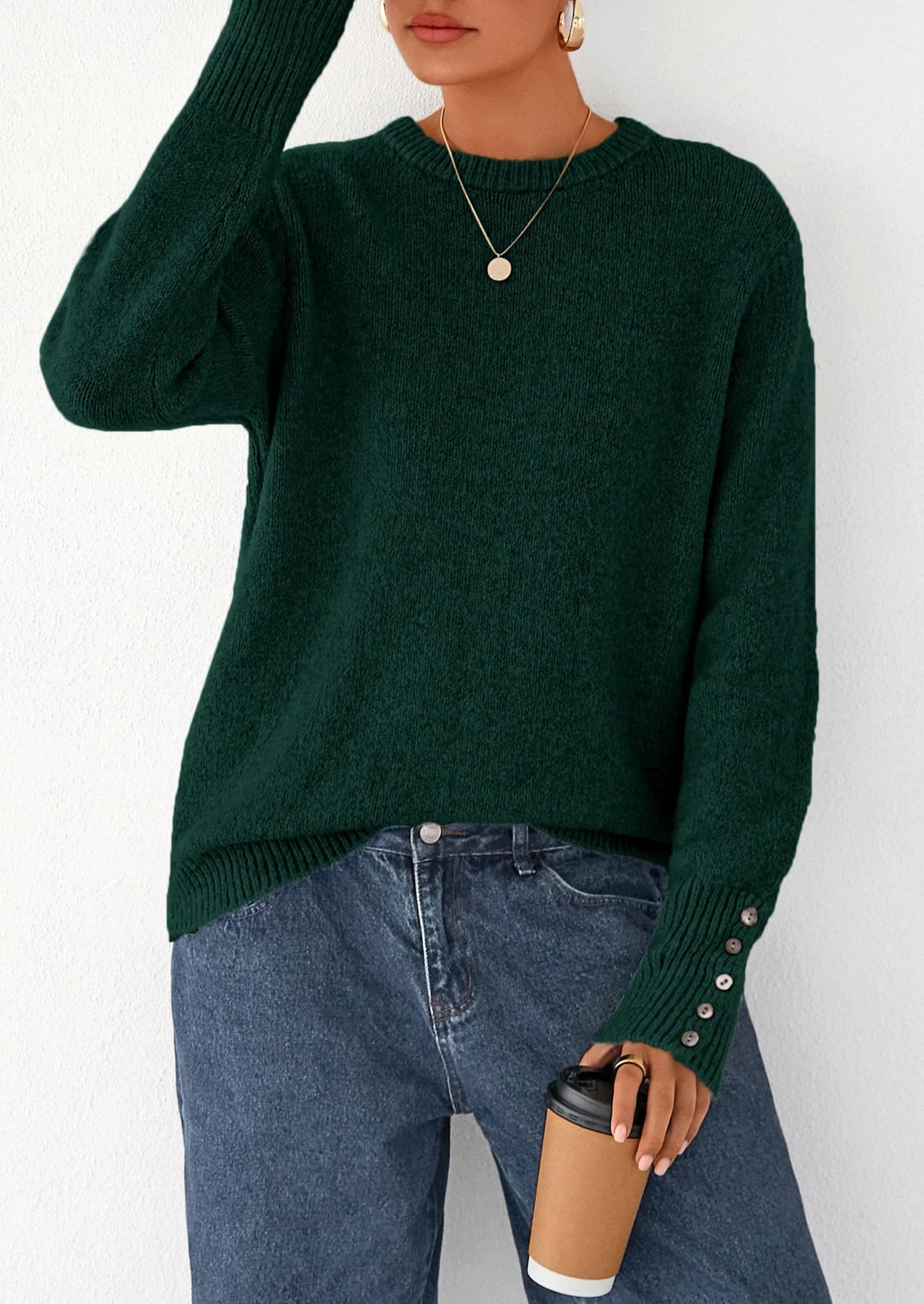 Womens Sweaters Fall Fashion Casual Crewneck Pullover Button Long Sleeve Cute Knit Tops Winter Clothes