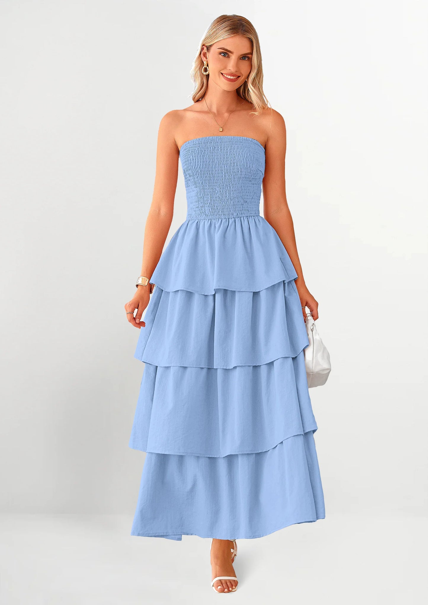 Maxi Dresses for Women Off Shoulder Smocked Tiered Ruffle Long Flowy Wedding Guest Dress