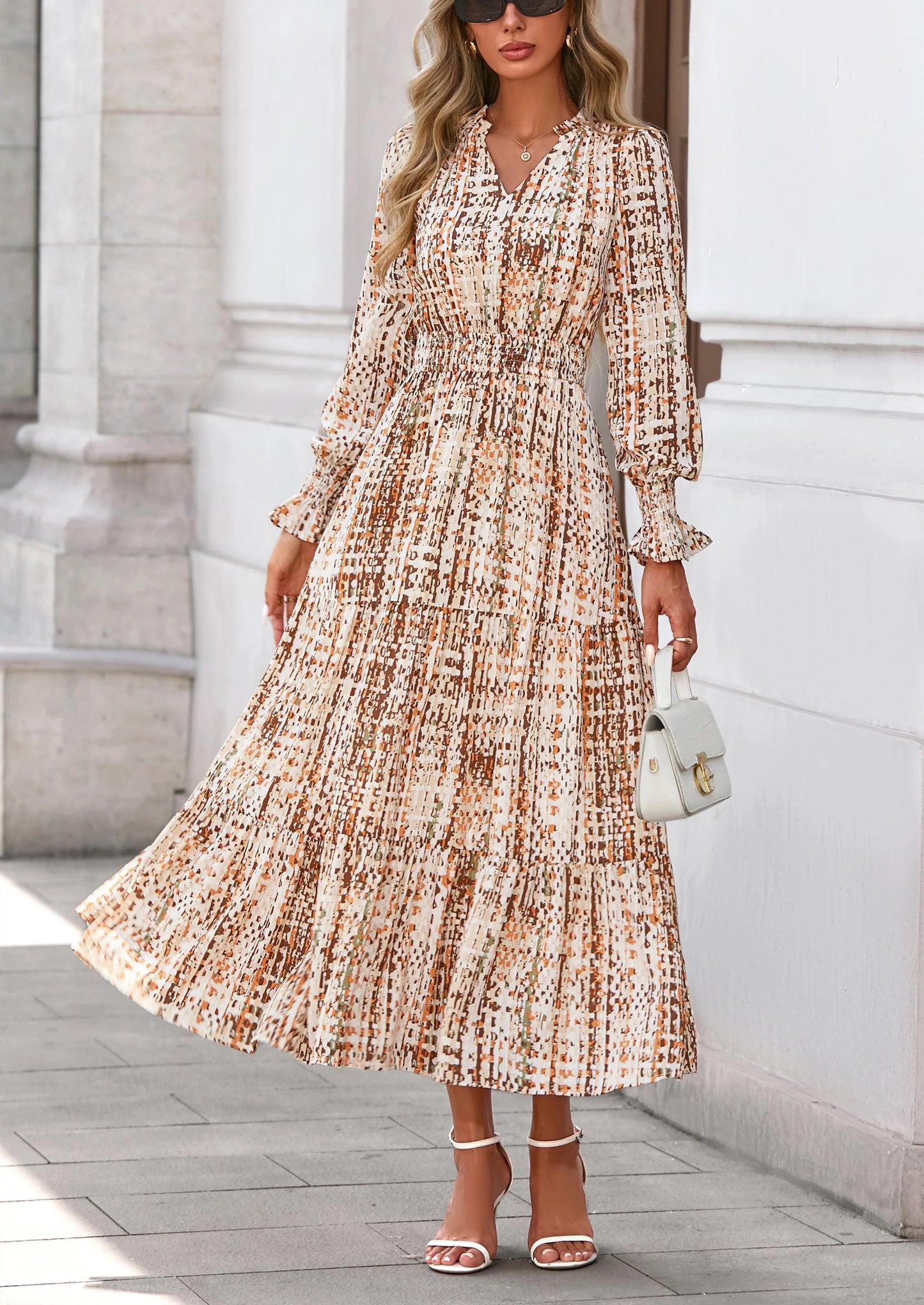 Women's Floral Maxi Dress Spring Long Sleeve V Neck Casual A Line Long Flowy Boho Party Dresses