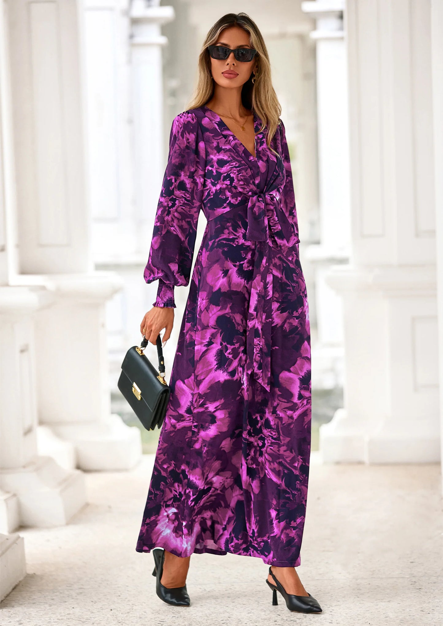 Women's Fall Boho Maxi Dress Floral Long Sleeve V Neck Flowy Belted Elegant Holiday Party Dresses