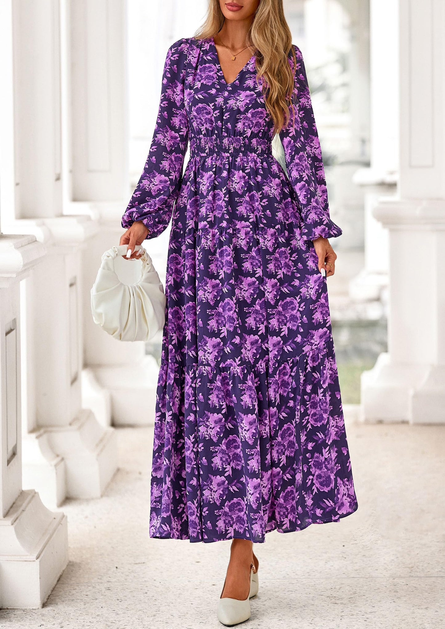 Long Sleeve Maxi Fall Dresses for Women Vneck Smocked Boho Floral Tiered Swing Flowy Wedding Guest Dress