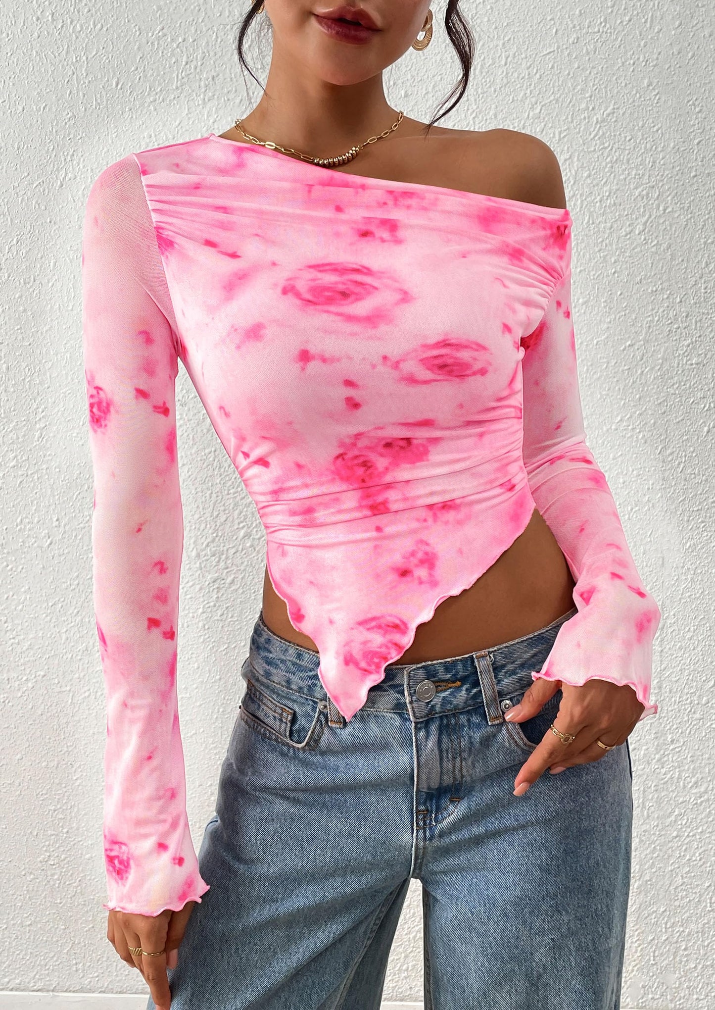 Womens Fall Trendy Off Shoulder Tops Tie Dye Mesh Long Sleeve Shirts Asymmetrical Ruched Floral Blouse