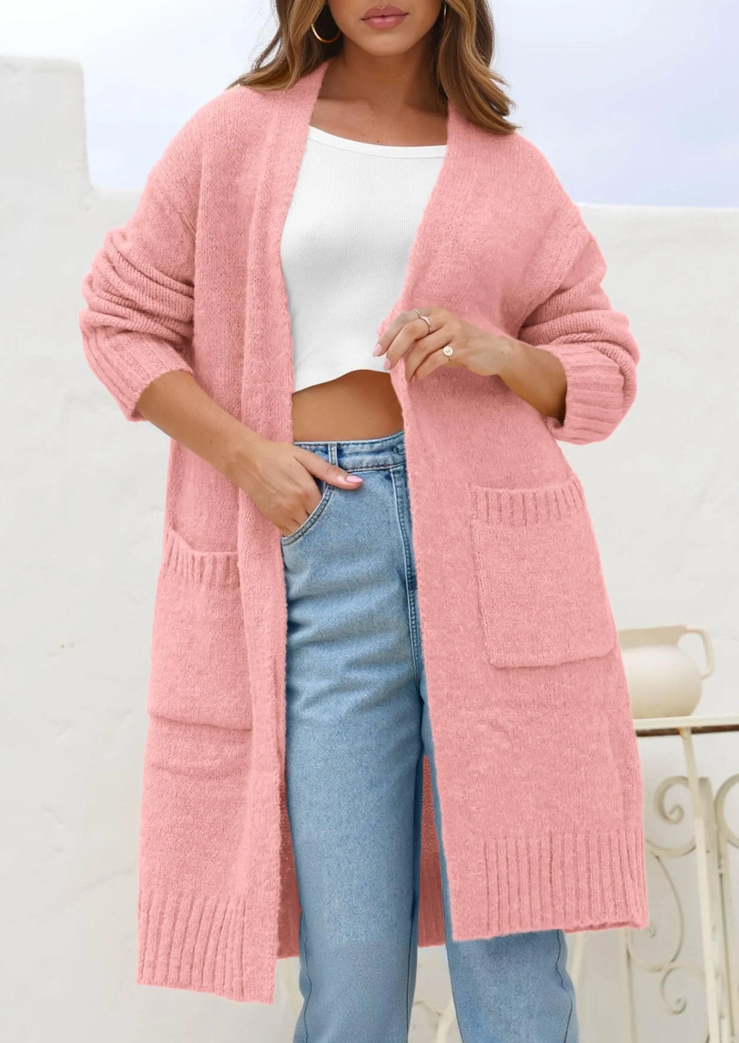 Fall Long Sleeve Cardigan Sweaters for Women Trendy Winter Open Front Loose Knitted Cardigans with Pockets