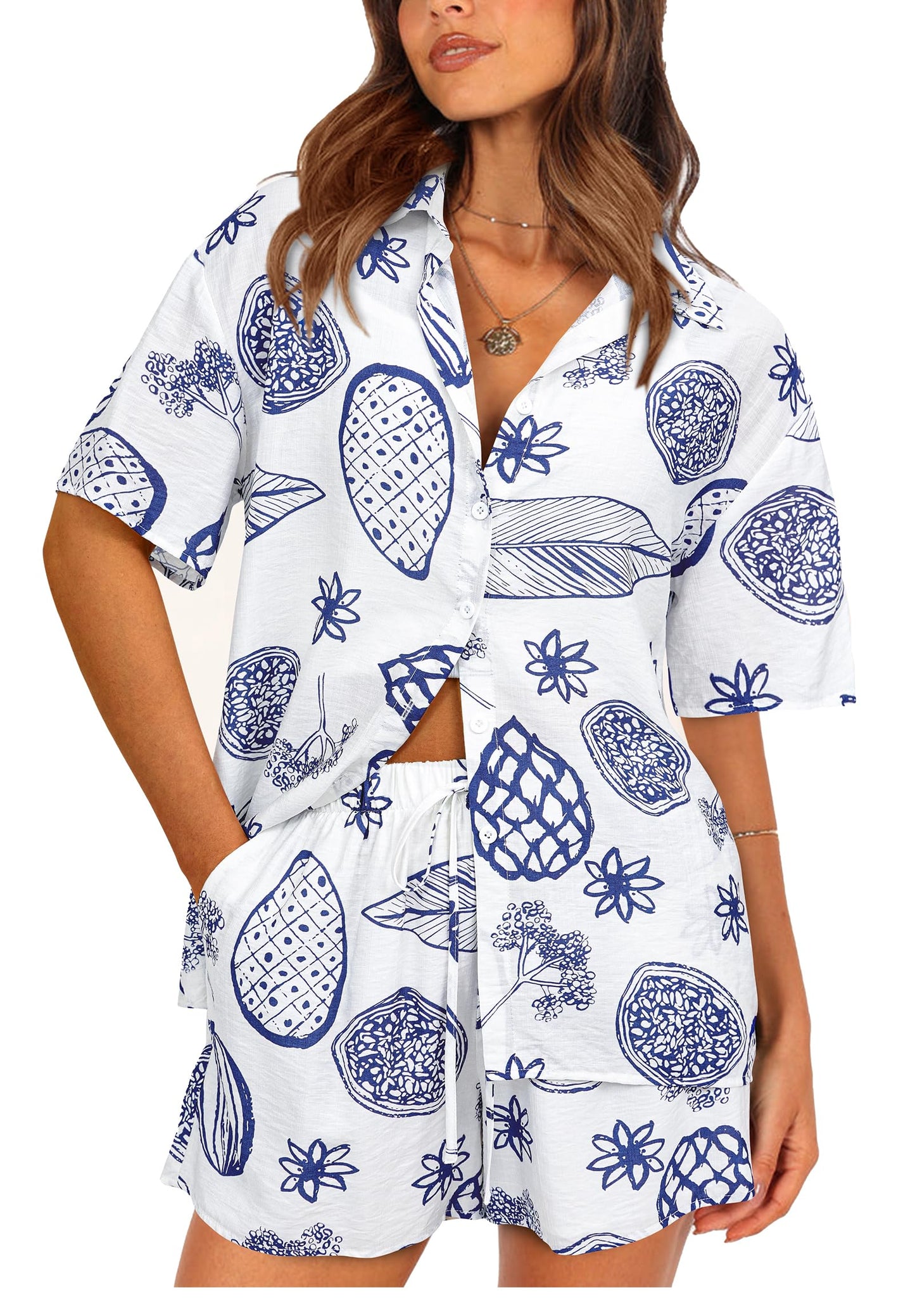Women Summer 2 Piece Sets Printed Short Sleeve Tops Lounge Shorts Beach Vacation Outfits