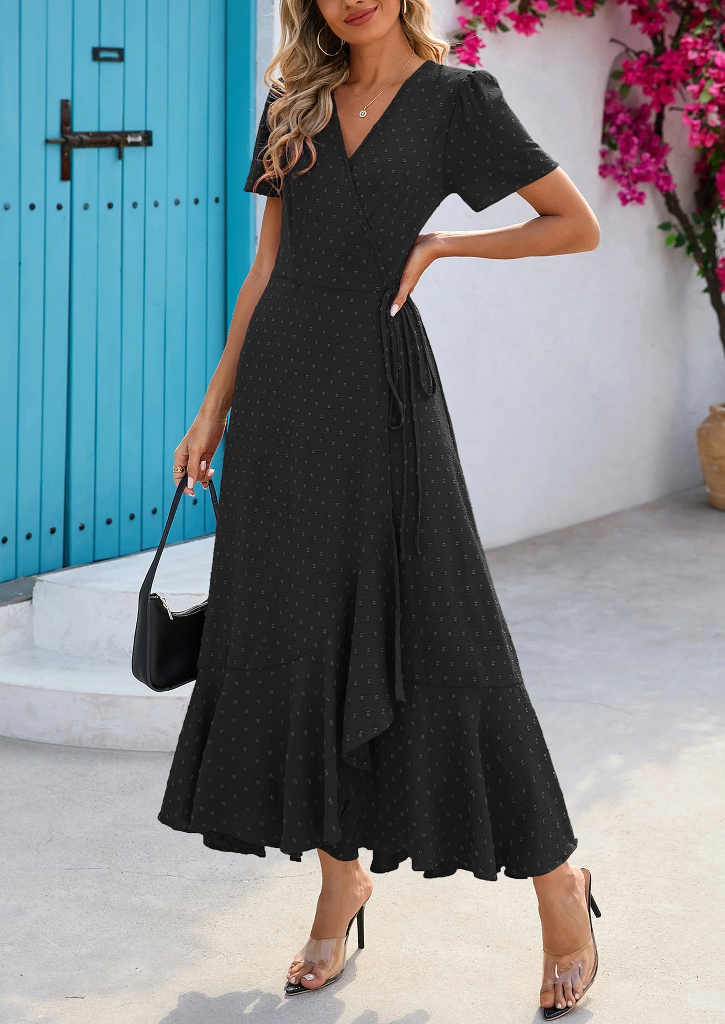 Women's Summer Maxi Dress Casual Wrap Floral Boho Short Sleeve V Neck Split Ruffle Beach Long Dresses
