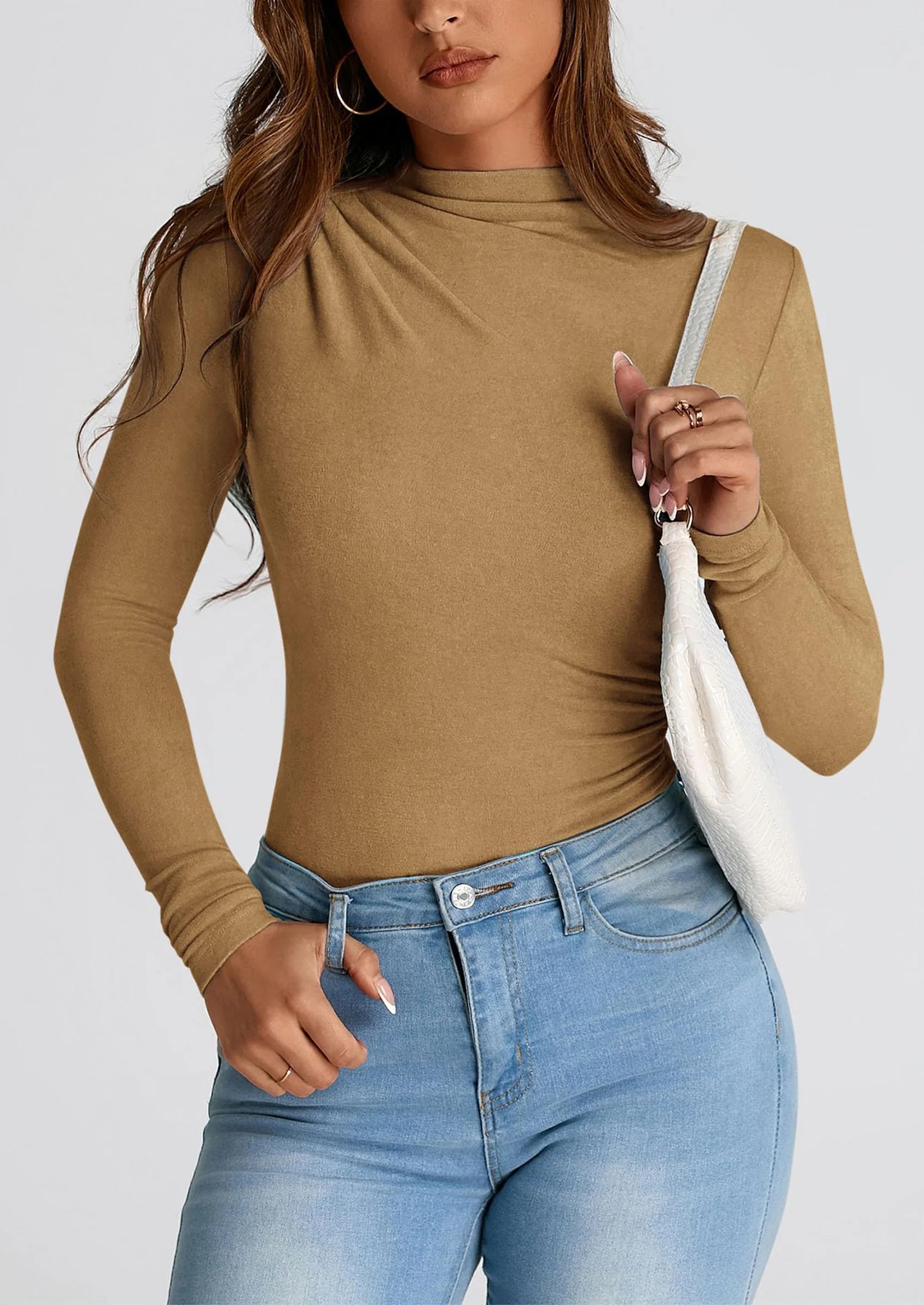 Womens Fall Y2K Going Out Crop Tops Long Sleeve Mock Neck Ruched Slim Fitted Basic Trendy Casual T Shirts Blouse