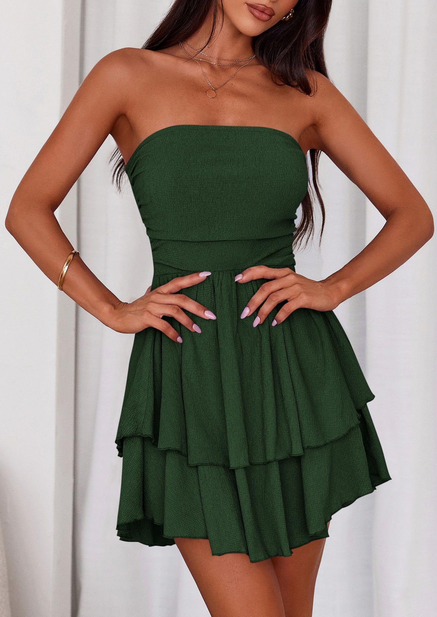 Women's Summer Strapless Tube Mini Dress Off Shoulder Smocked Ruffle A Line Flowy Short Party Club Dresses
