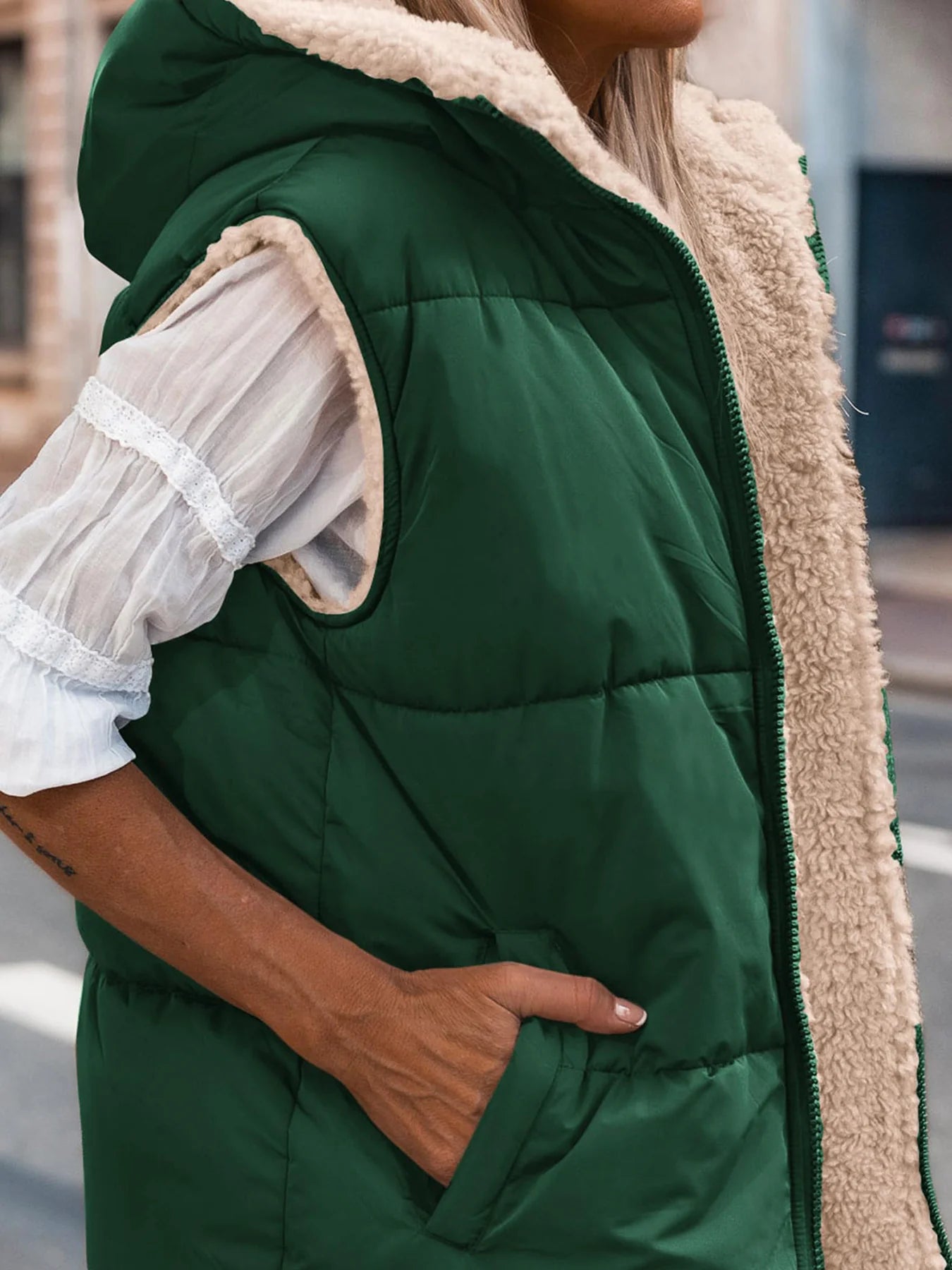 Womens Fall Reversible Vests Sleeveless Fleece Jacket Zip Up Hoodie Pockets Long Warm Winter Coat Outerwear