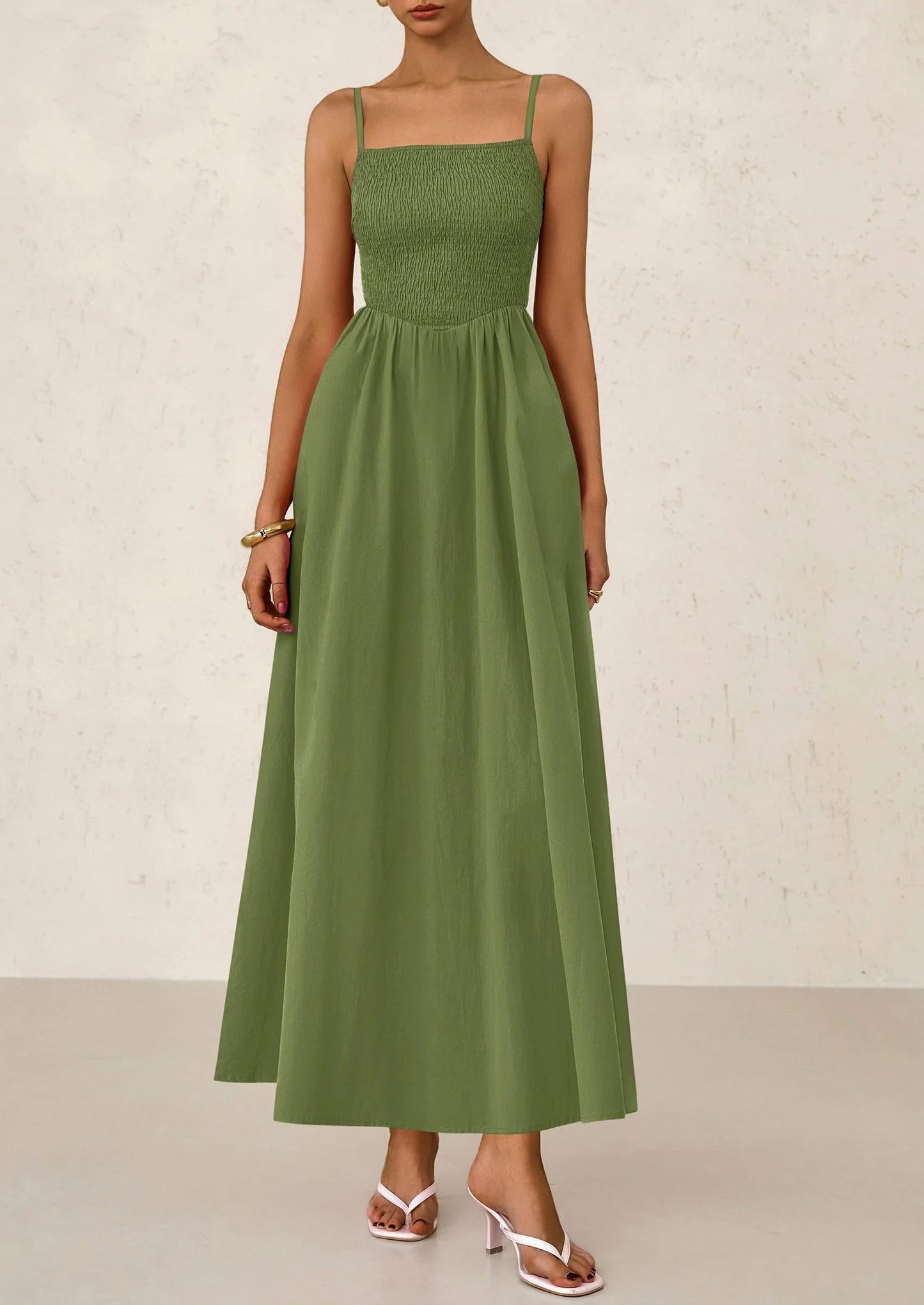 Women's Smocked Maxi Dresses Beach Sundress Casual Spaghetti Strap Swing A Line Long Flowy Dress