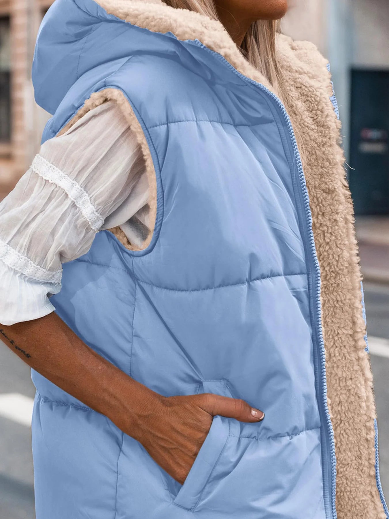 Womens Fall Reversible Vests Sleeveless Fleece Jacket Zip Up Hoodie Pockets Long Warm Winter Coat Outerwear