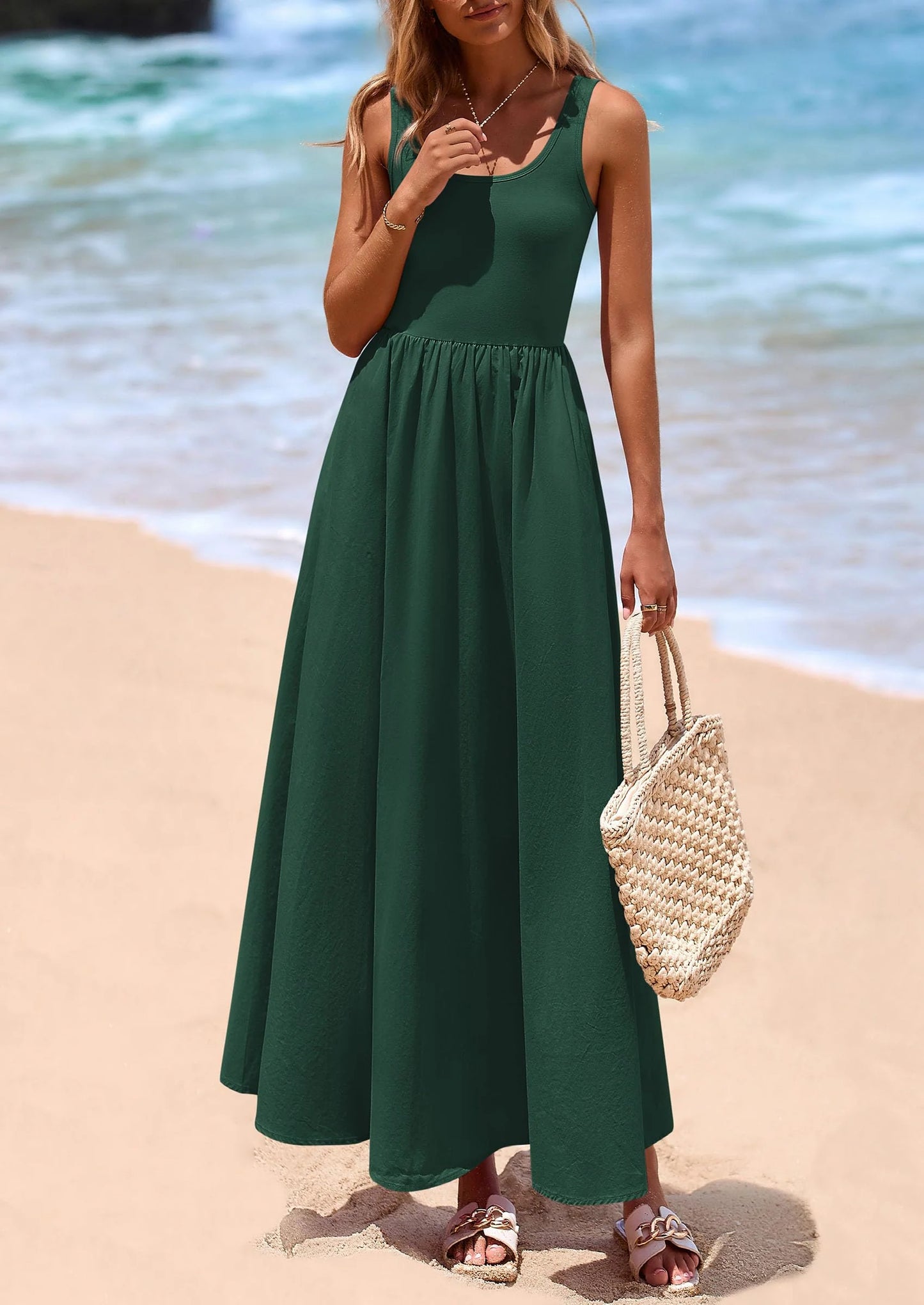 Womens Summer Casual Scoop Neck Sleeveless Long Dresses Tank Top Patchwork Aline Swing Maxi Dress with Pockets