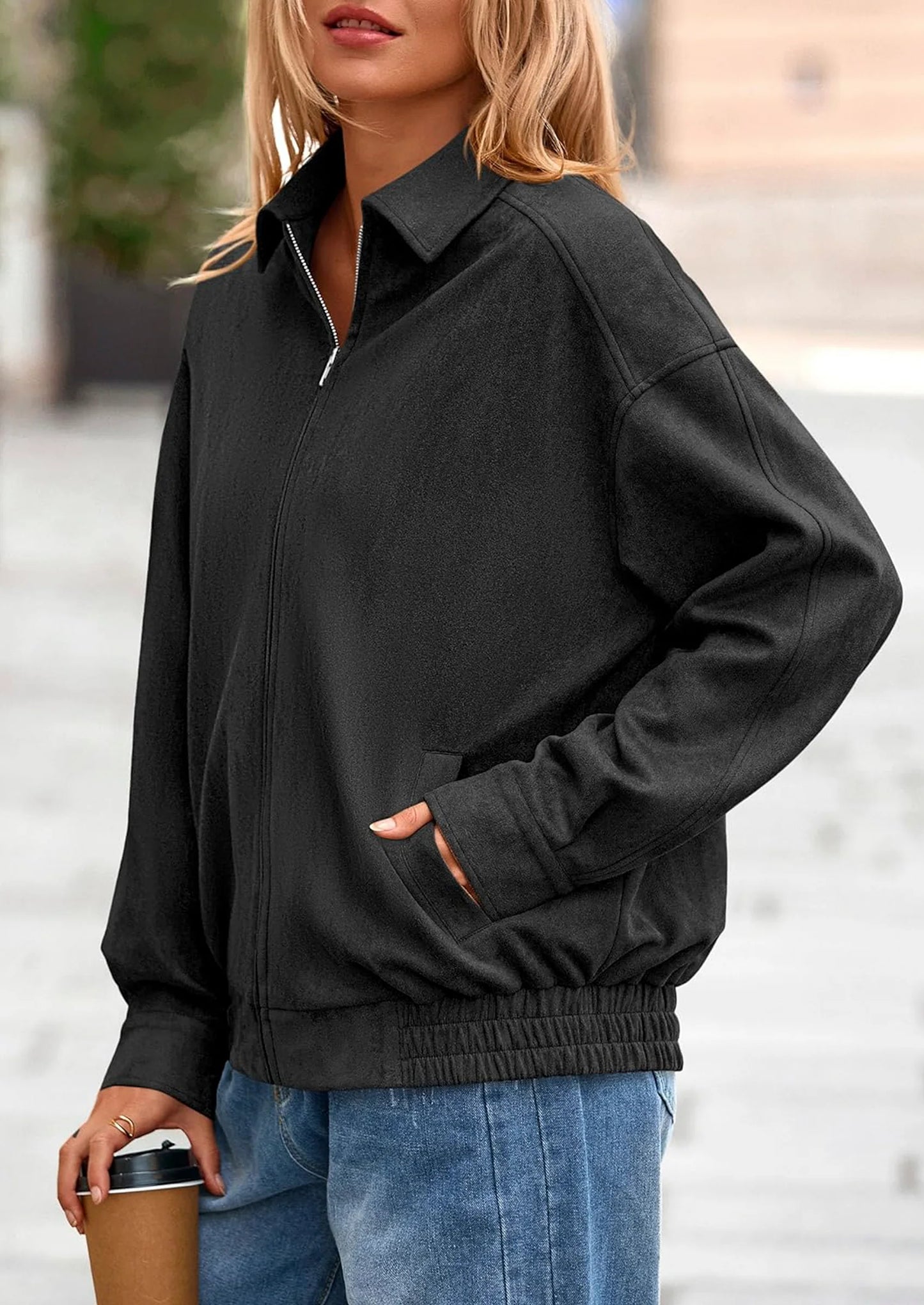 Women's Faux Suede Motorcycle Jacket Trendy Fall Fashion Oversized Zip Up Coats Winter Clothes Outerwear