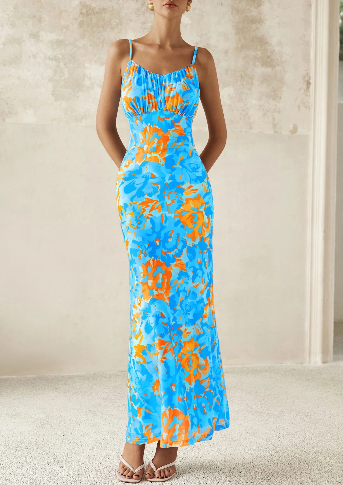 Women's Bodycon Maxi Dress Floral Sundress Sleeveless Spaghetti Strap Cocktail Party Dress
