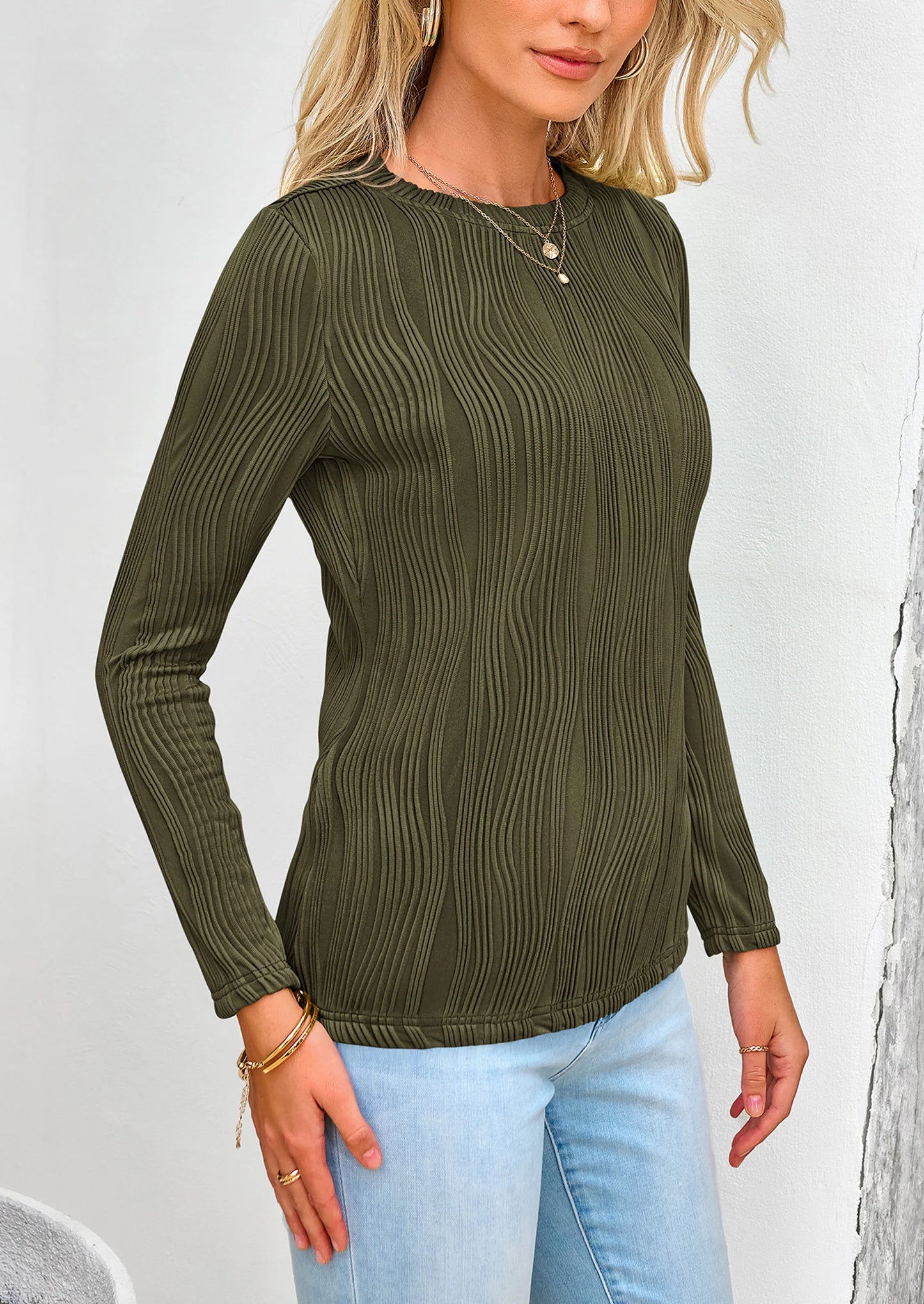 Long Sleeve Tops for Women Spring Fall Trendy Business Dressy Casual Shirts Crewneck Textured Blouse