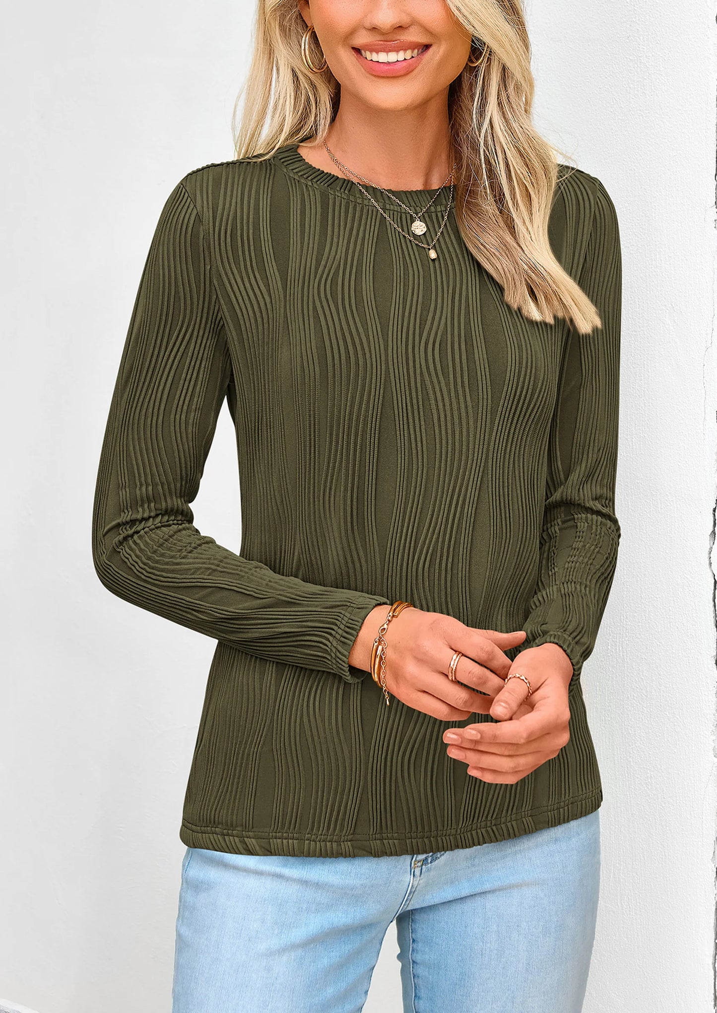 Long Sleeve Tops for Women Spring Fall Trendy Business Dressy Casual Shirts Crewneck Textured Blouse