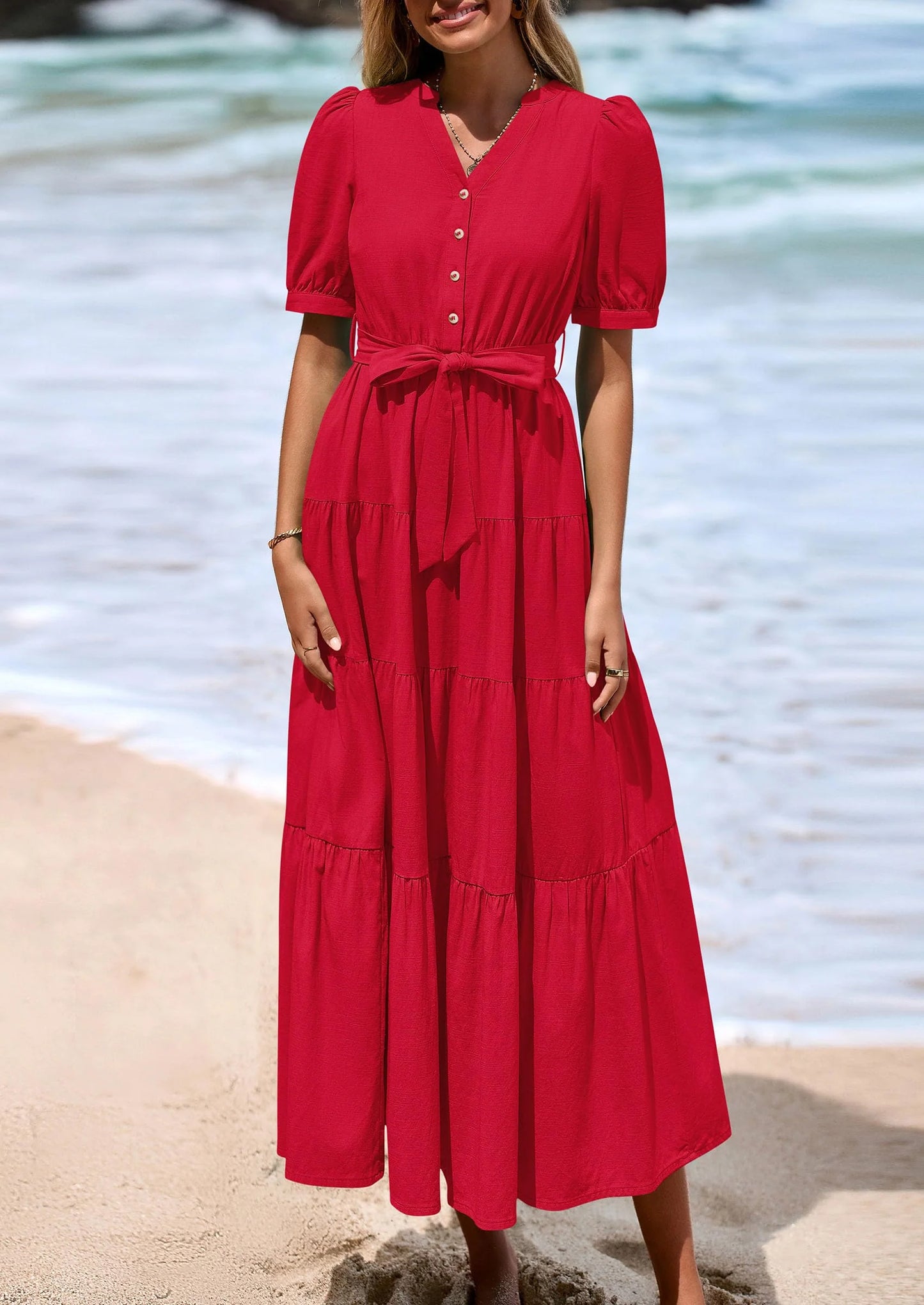 Women's Midi Dress Casual Short Sleeve V Neck Buttons Belted Ruffle A Line Flowy Dress with Pockets