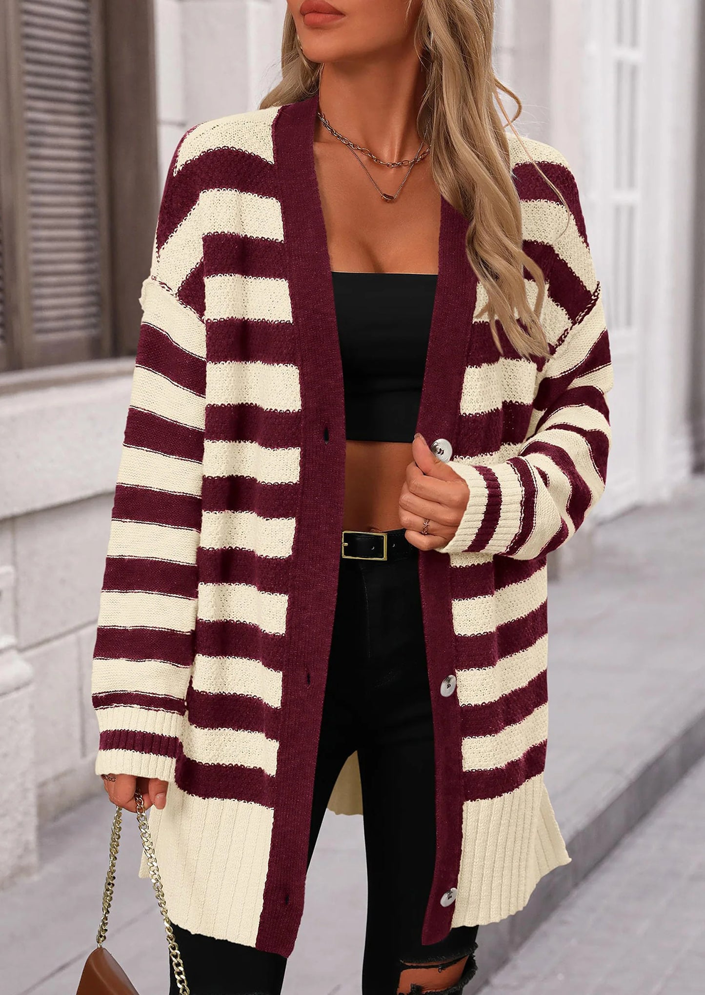 Women's Winter Striped Cardigan Sweaters Long Sleeve Button Down Open Front Chunky Knit Oversized Sweater Coat
