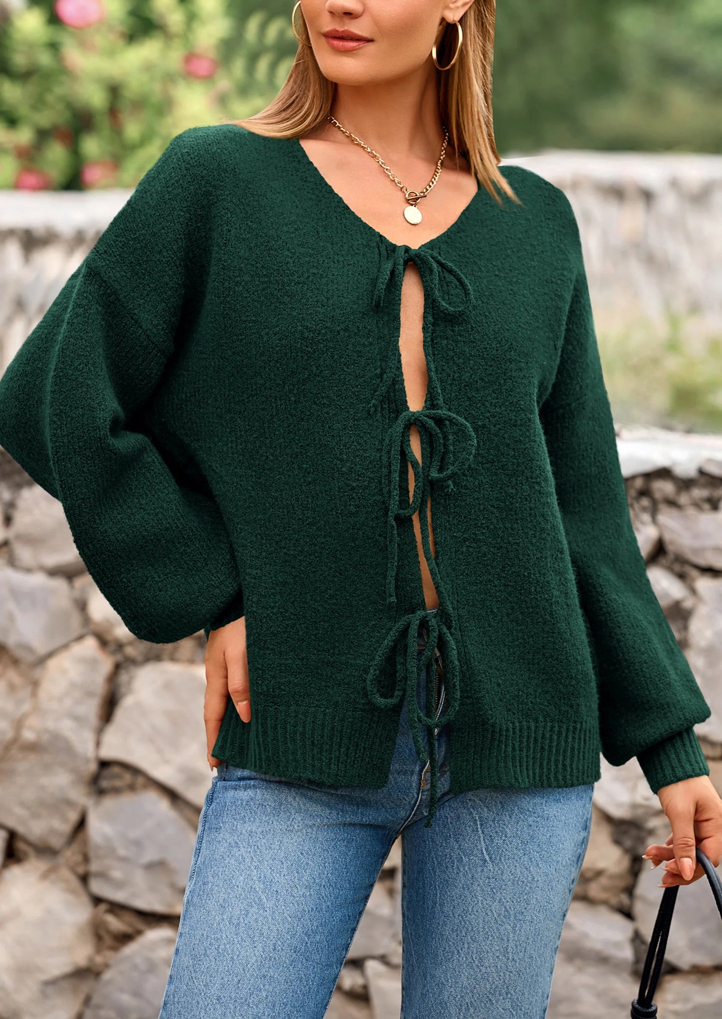 Women's Tie Front Bow Cardigan Sweaters Chunky Knit Long Puff Sleeve Trendy Fall Winter Jacket Coats