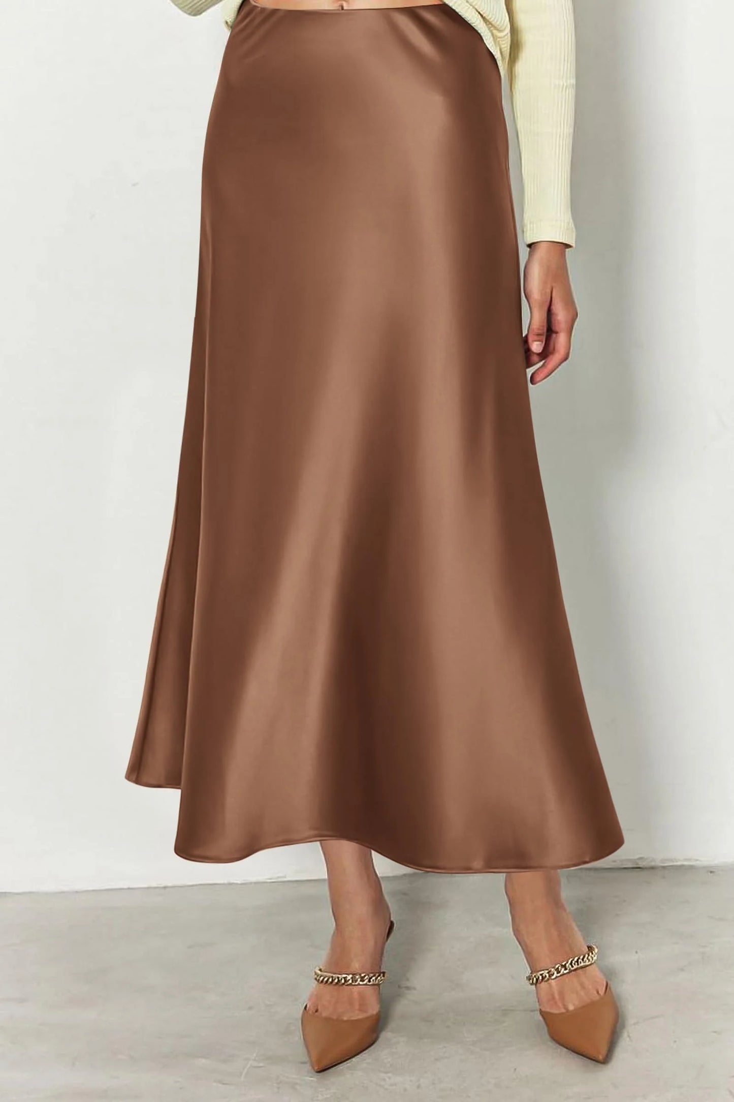 Women's Satin Skirts Dressy Casual Fall High Waisted Cocktail Wedding Flowy Elegant A Line Midi Skirt