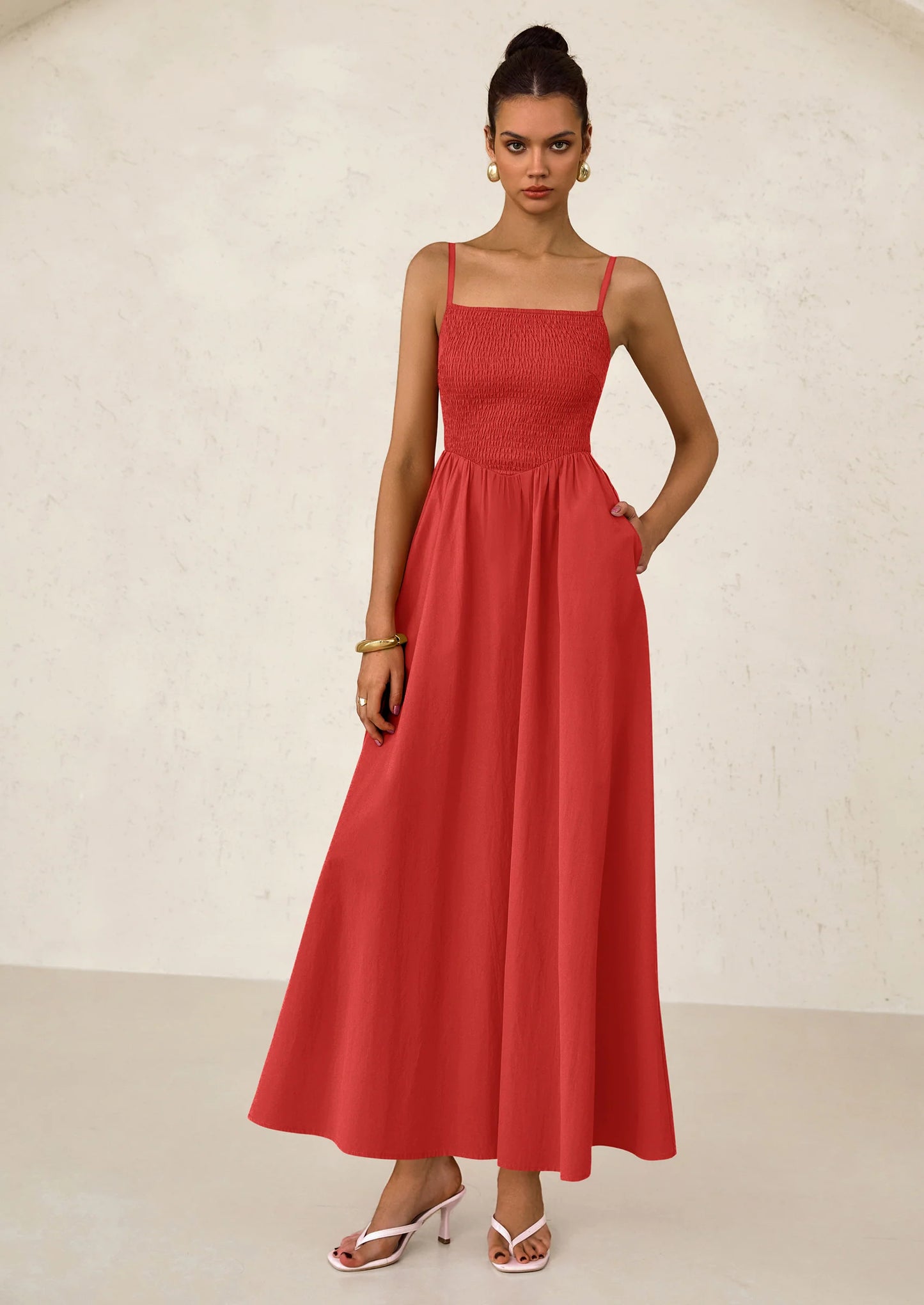 Women's Smocked Maxi Dresses Beach Sundress Casual Spaghetti Strap Swing A Line Long Flowy Dress