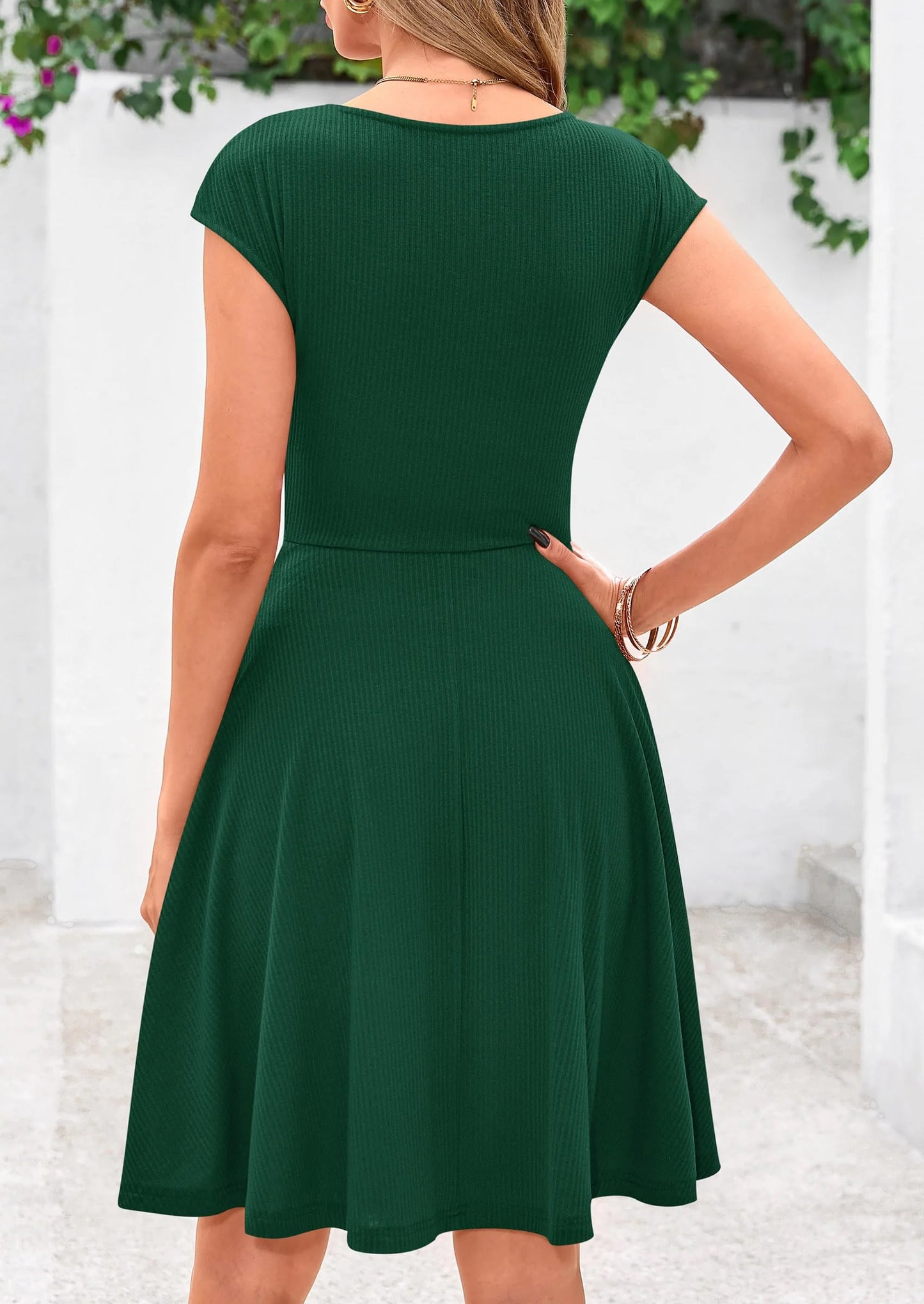 Womens Short Summer Dress Crewneck Cap Sleeve Ribbed Knit Casual Flowy A Line Mini Sundresses with Pockets