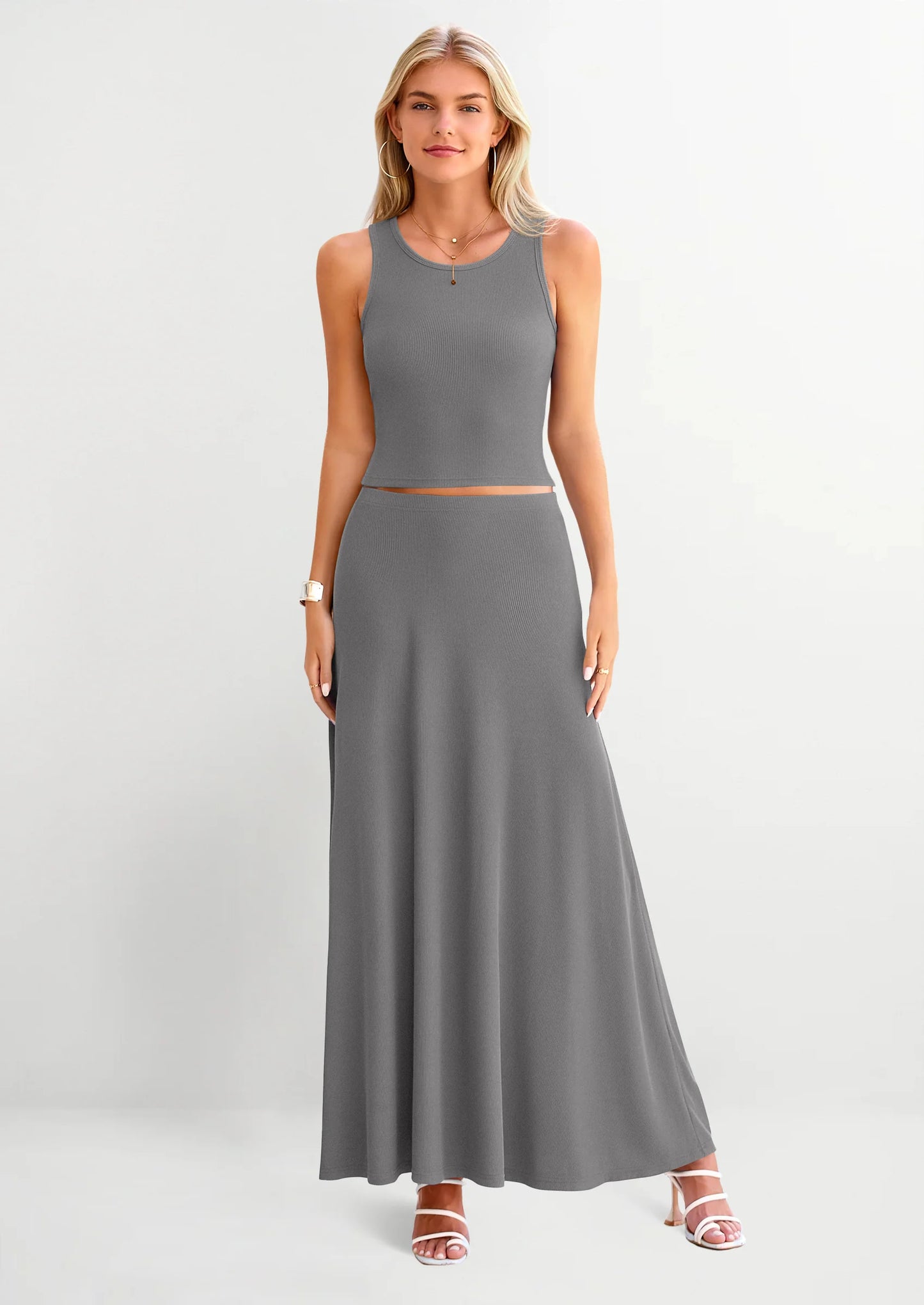 2 Piece Maxi Skirt Sets Casual Knit Cropped Tank Top High Waisted Long Skirts Outfit