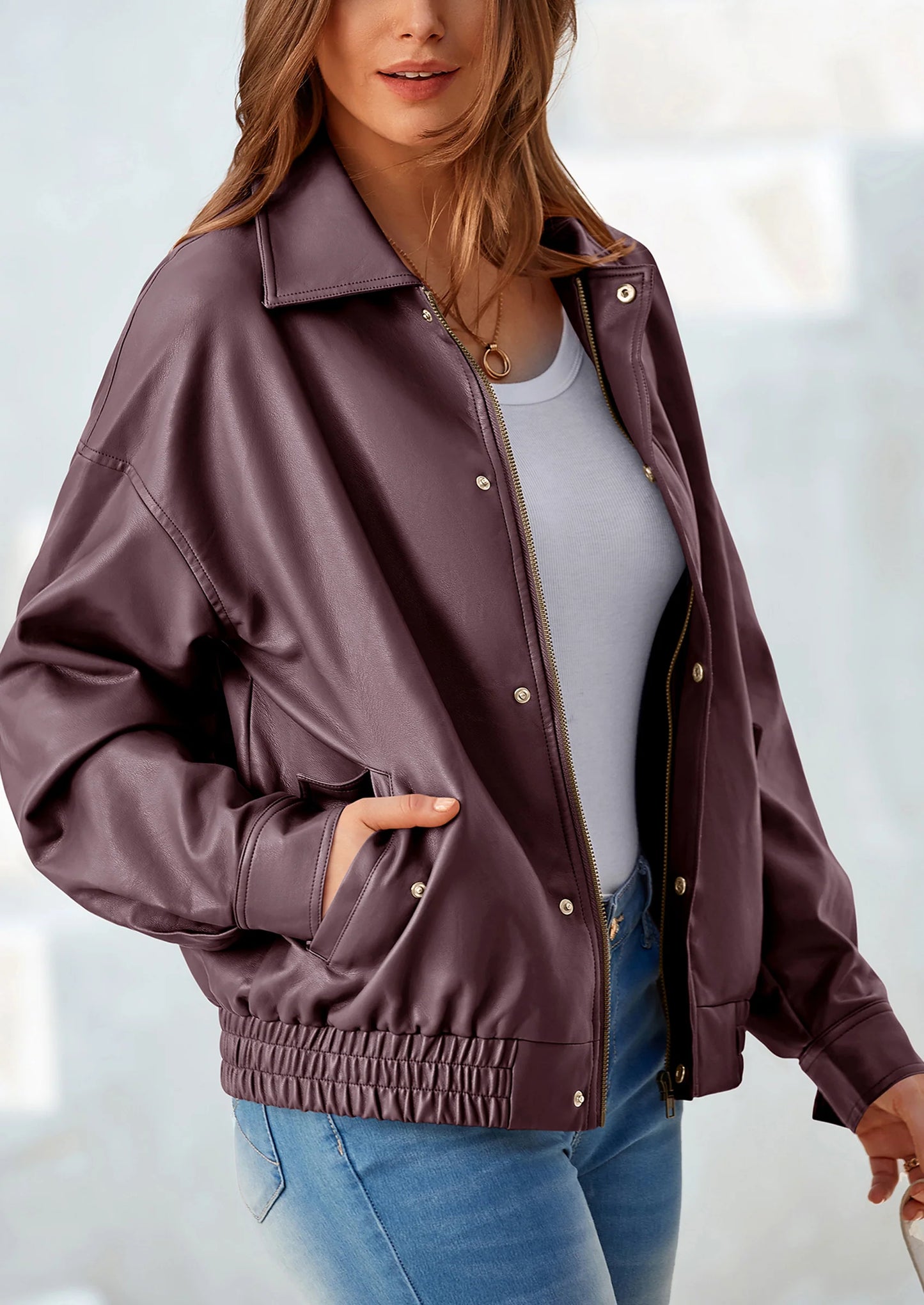 Women's Faux Leather Motorcycle Jacket Trendy Fall Spring Clothes Oversized Zip Up Winter Coat Outerwear