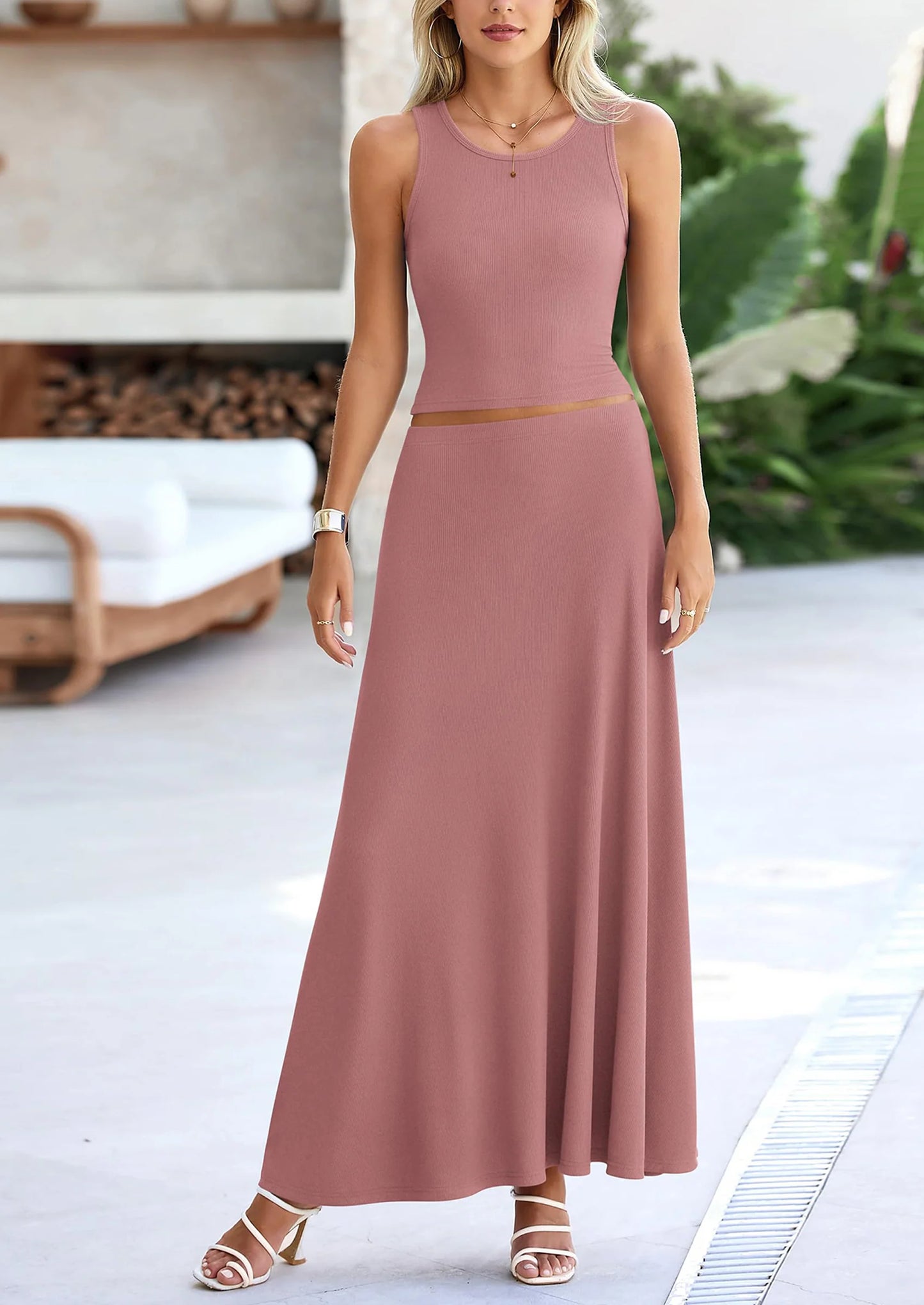 2 Piece Maxi Skirt Sets Casual Knit Cropped Tank Top High Waisted Long Skirts Outfit