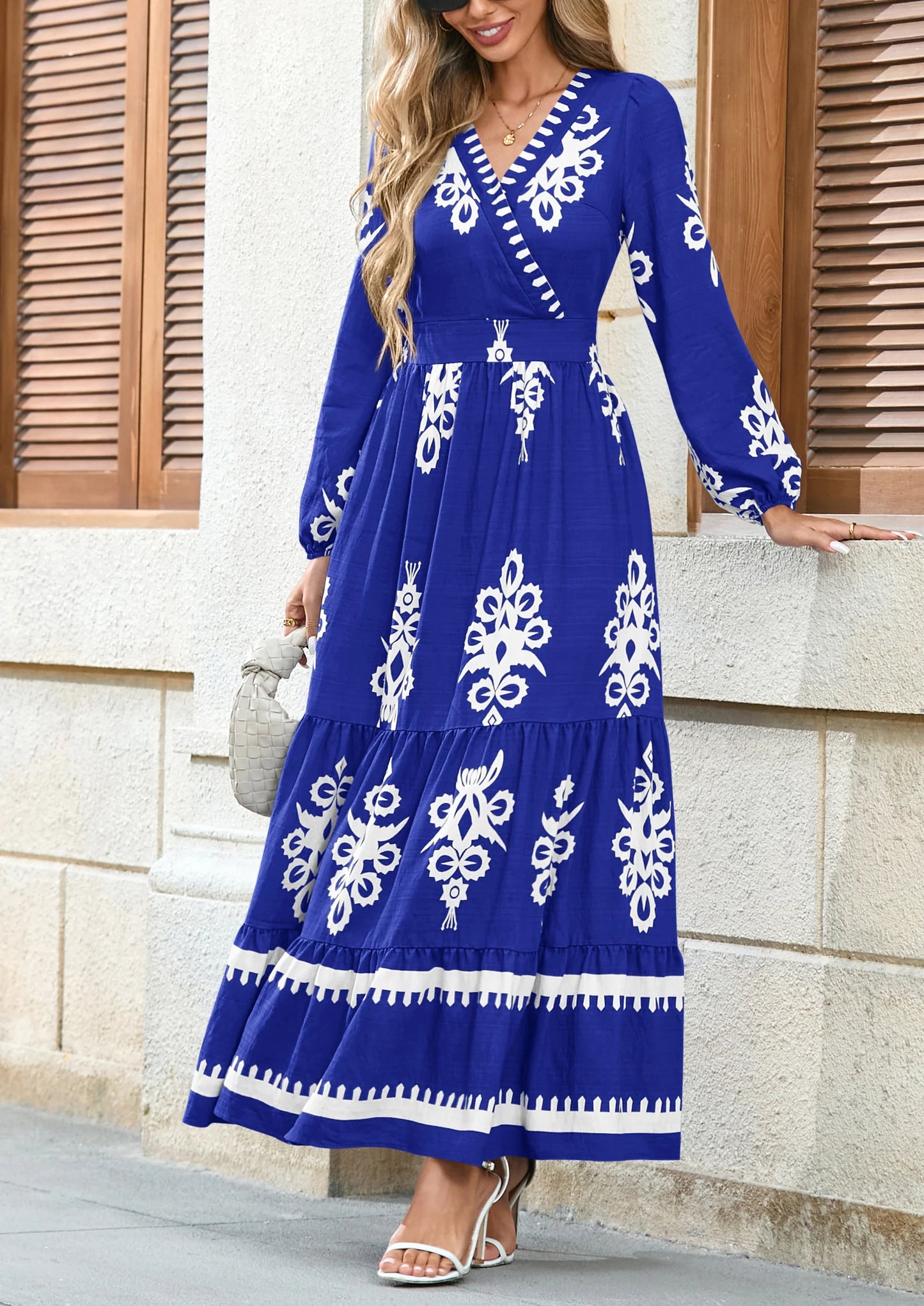 Women's Fall Wedding Guest Dresses Boho Floral Long Sleeve V Neck Flowy Elegant Maxi Dress Beach Clothes