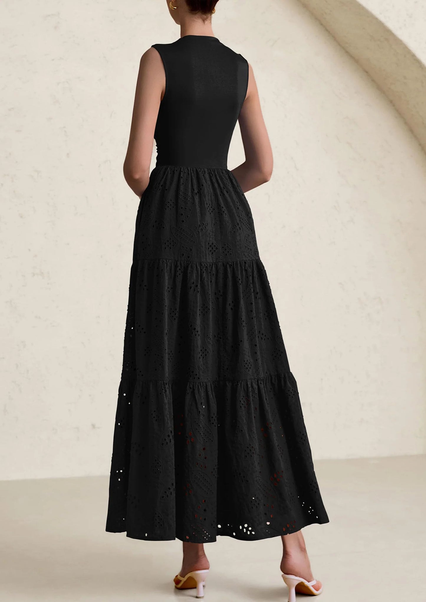 Dresses for Women Casual Eyelet Sleeveless Wedding Guest Maxi Dress Tank Top Sundress with Pockets