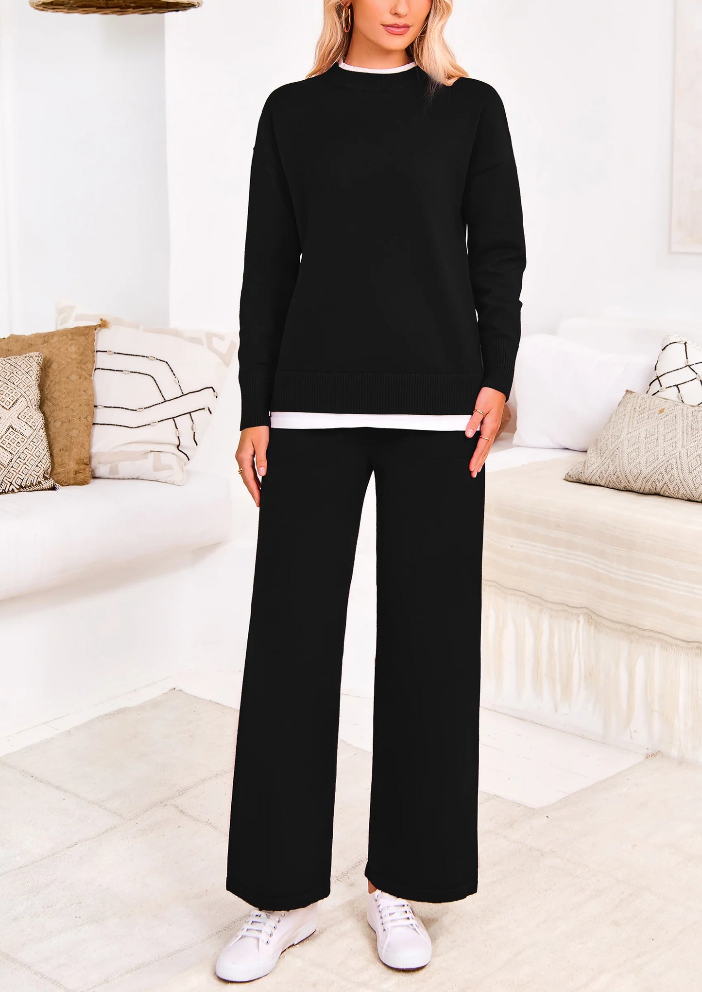 Two Piece Matching Sweater Lounge Sets Knit Long Sleeve Pullover Tops Wide Leg Pants