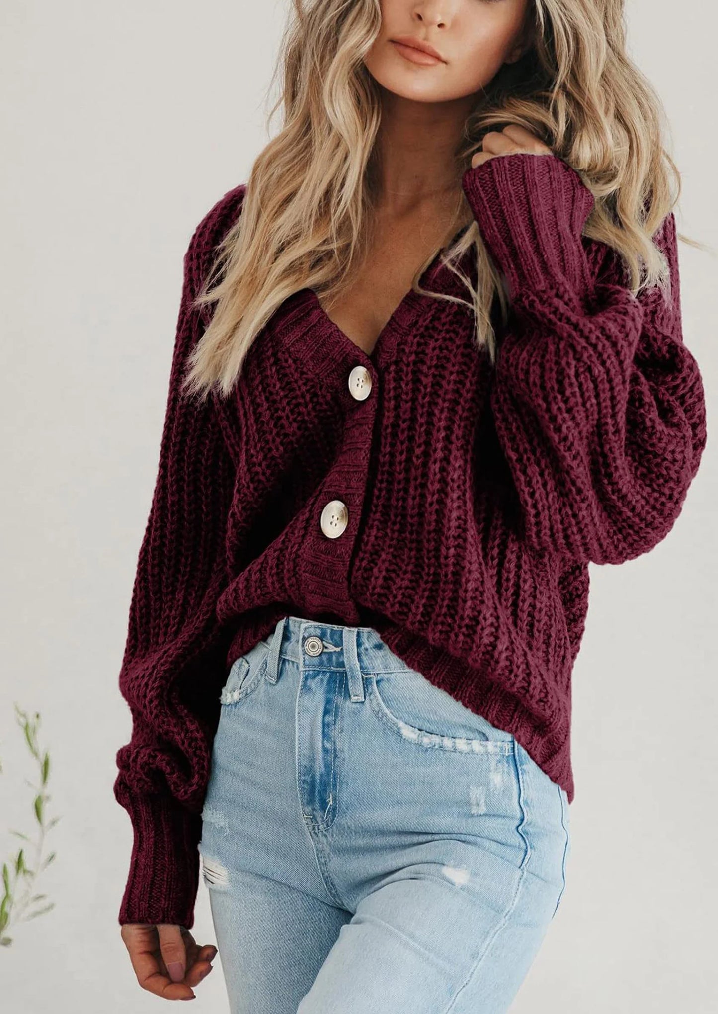 Women's Chunky Knit Open Front Sweater Long Sleeve Button Loose Short Cardigan Outerwear Coats