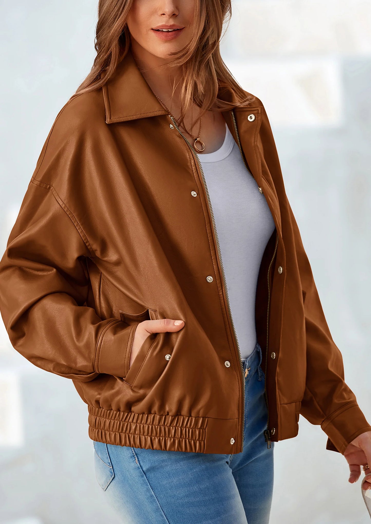 Women's Faux Leather Motorcycle Jacket Trendy Fall Spring Clothes Oversized Zip Up Winter Coat Outerwear