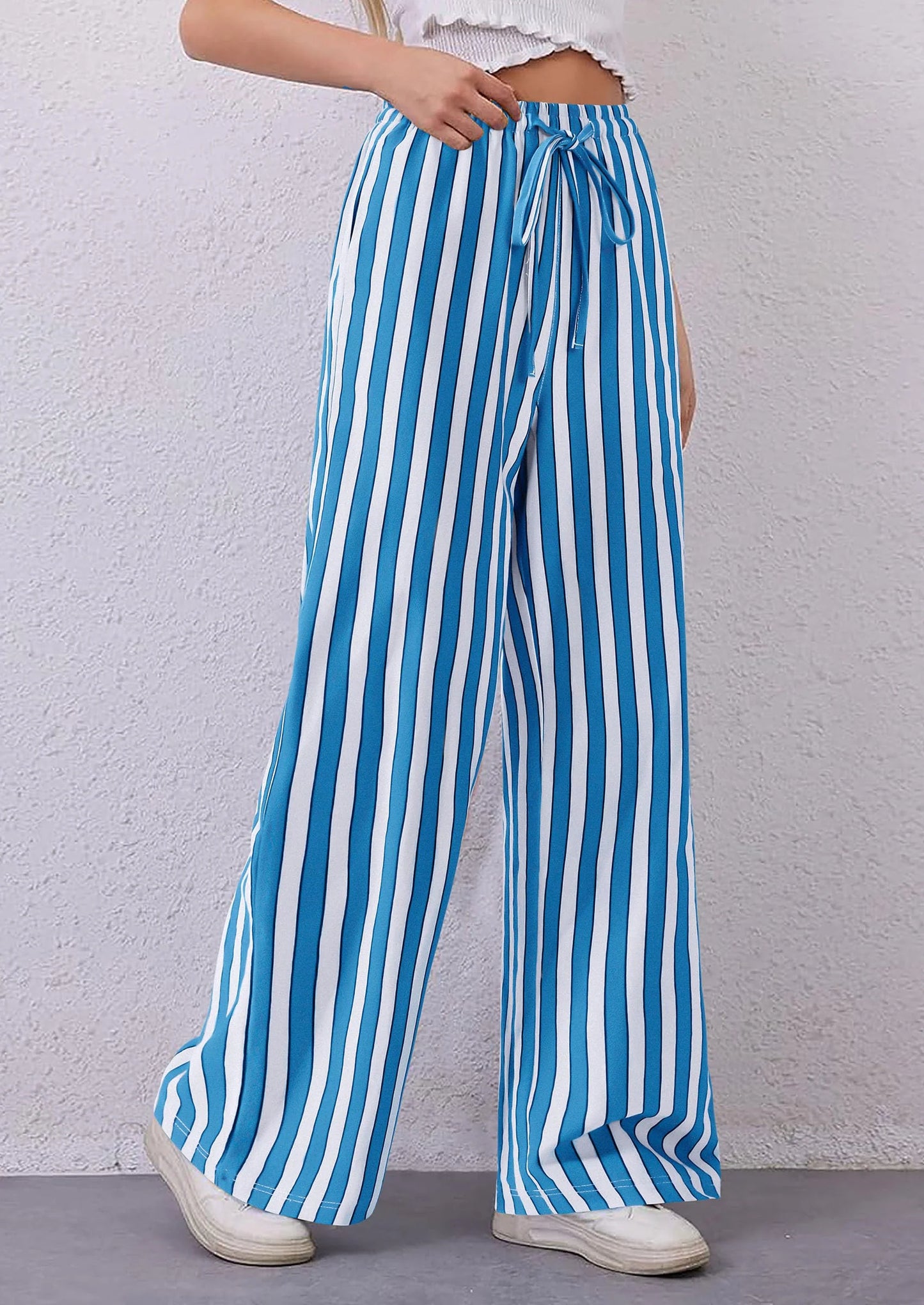 Women's Summer Striped Wide Leg Lounge Pants Trendy Clothes Drawstring Elastic Waist Comfy Pajama Bottoms
