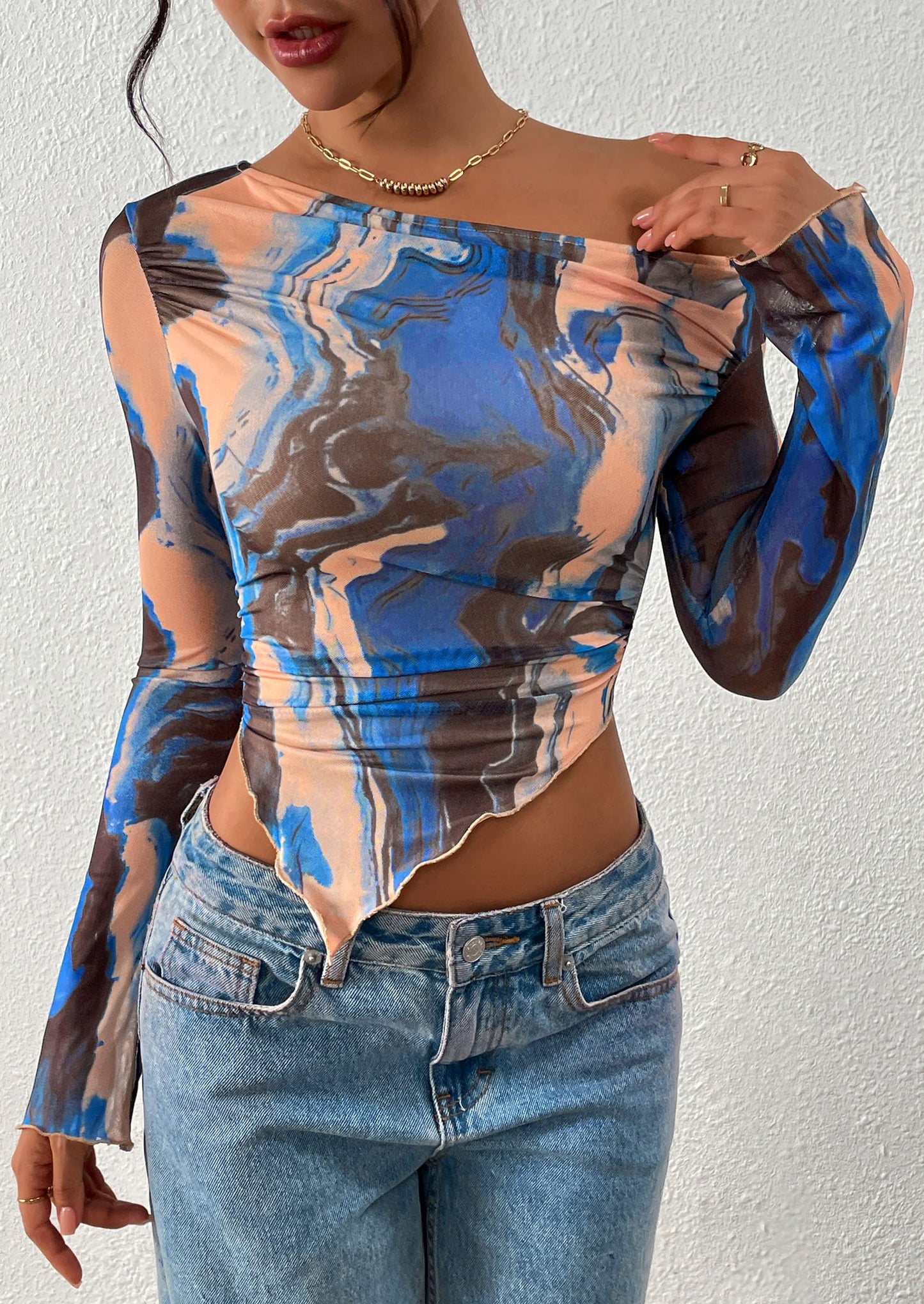 Womens Fall Trendy Off Shoulder Tops Tie Dye Mesh Long Sleeve Shirts Asymmetrical Ruched Floral Blouse