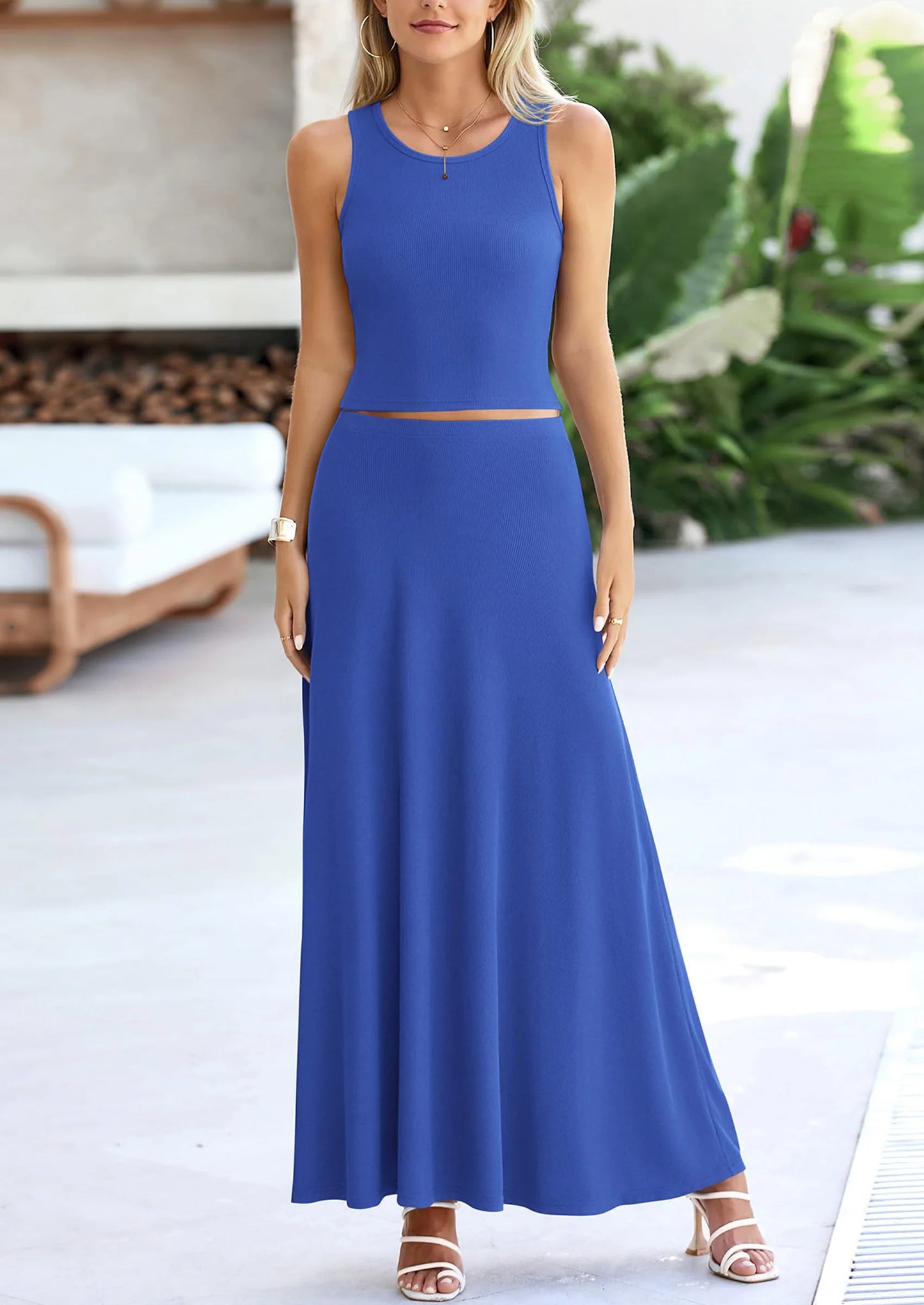 2 Piece Maxi Skirt Sets Casual Knit Cropped Tank Top High Waisted Long Skirts Outfit