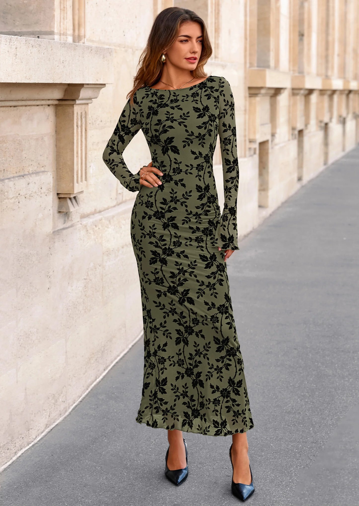Women's Floral Bodycon Maxi Dress Fall Elegant Mesh Long Sleeve Formal Wedding Guest Cocktail Dresses