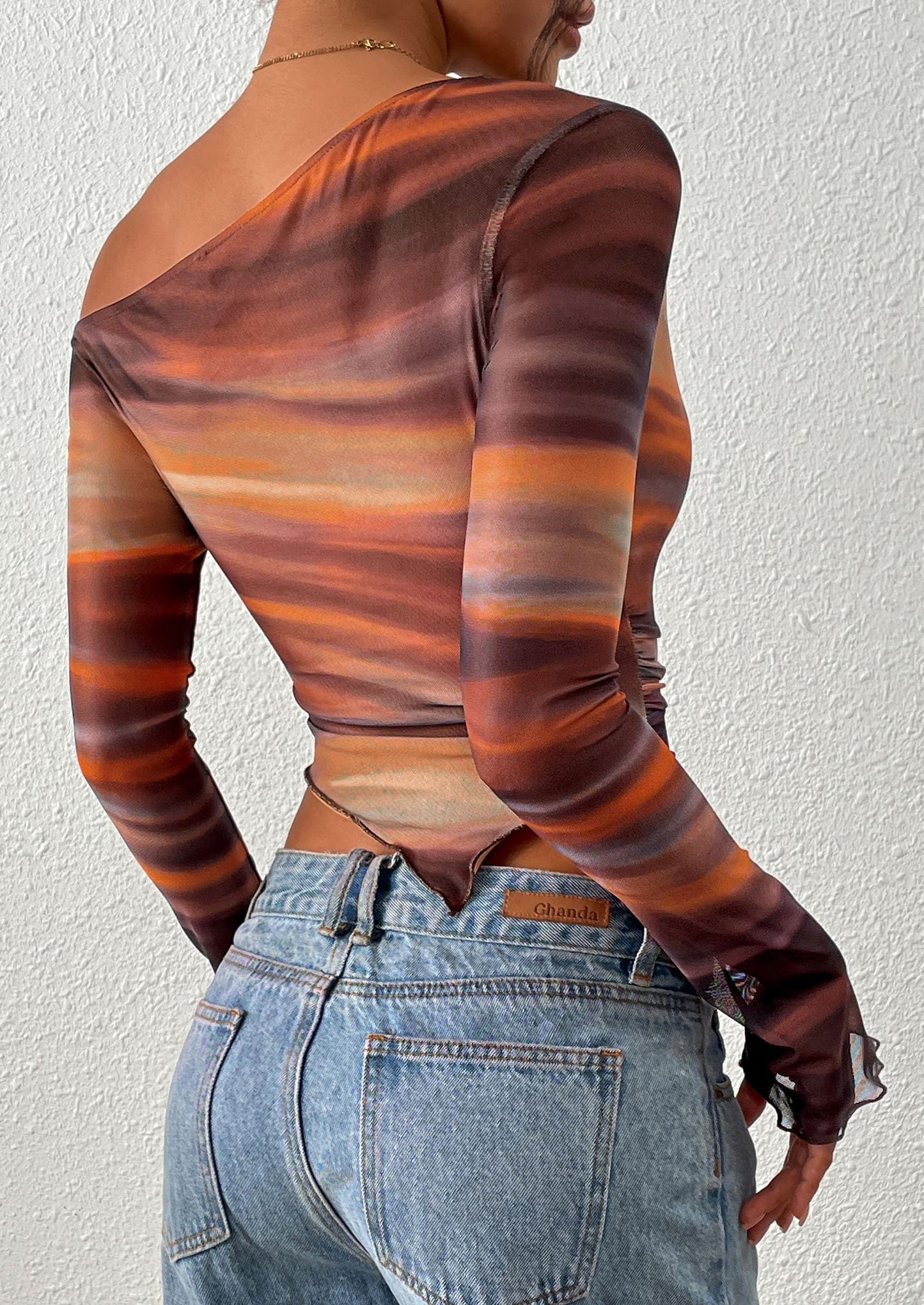 Womens Fall Trendy Off Shoulder Tops Tie Dye Mesh Long Sleeve Shirts Asymmetrical Ruched Floral Blouse