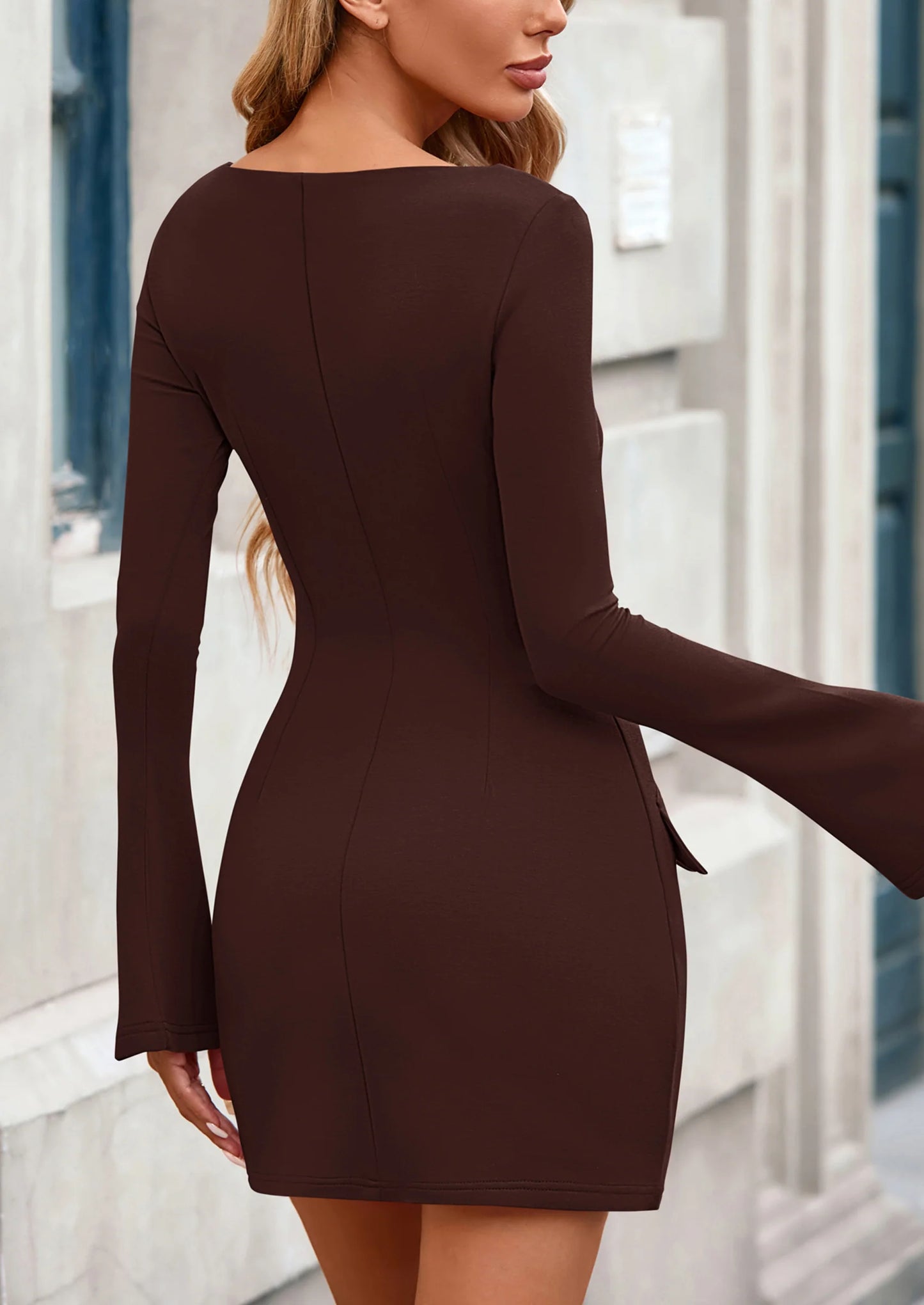 Womens Fall Long Sleeve Mini Dress Trendy Boat Neck Bodycon Knit Elegant Short Party Dresses