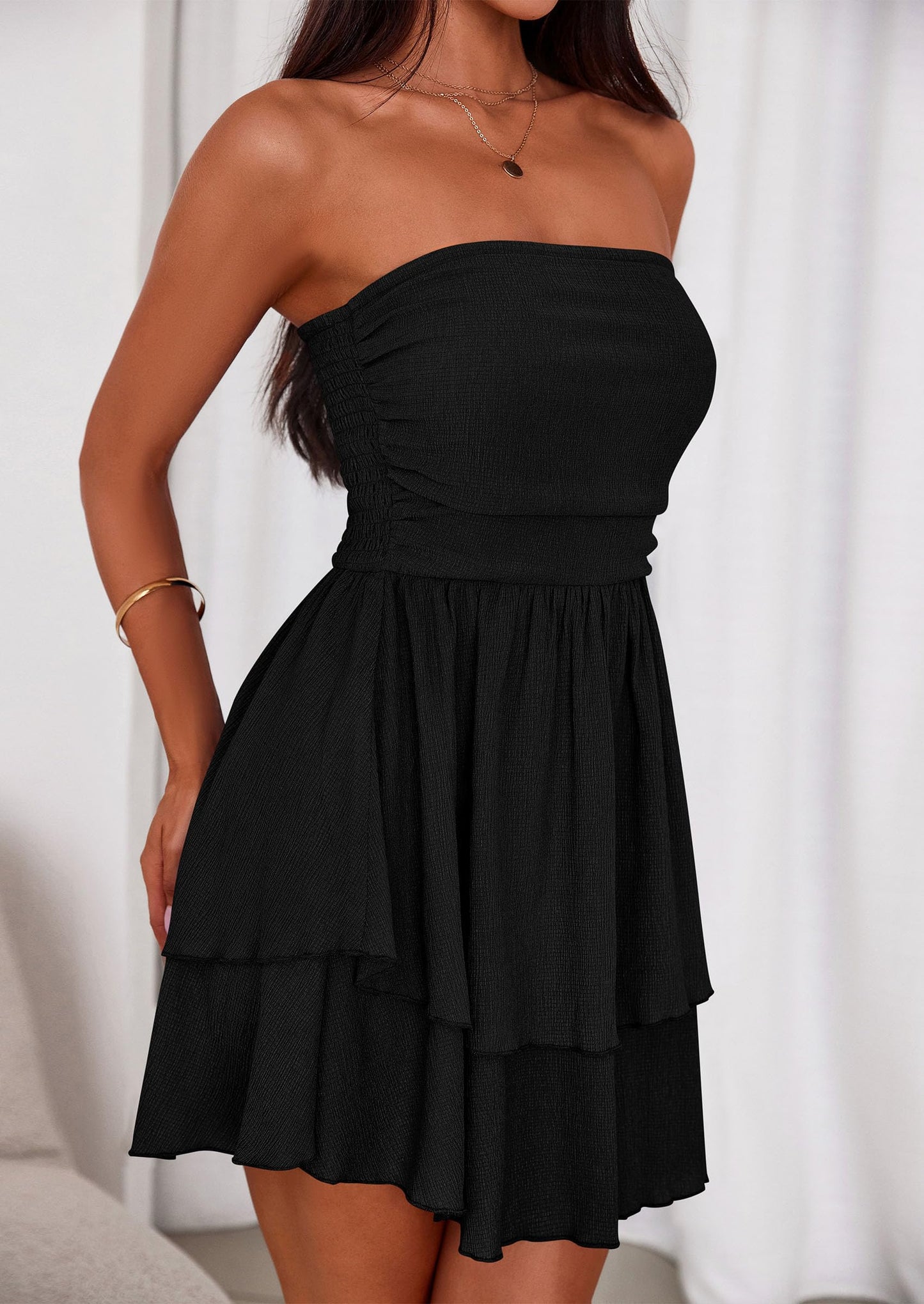 Women's Summer Strapless Tube Mini Dress Off Shoulder Smocked Ruffle A Line Flowy Short Party Club Dresses