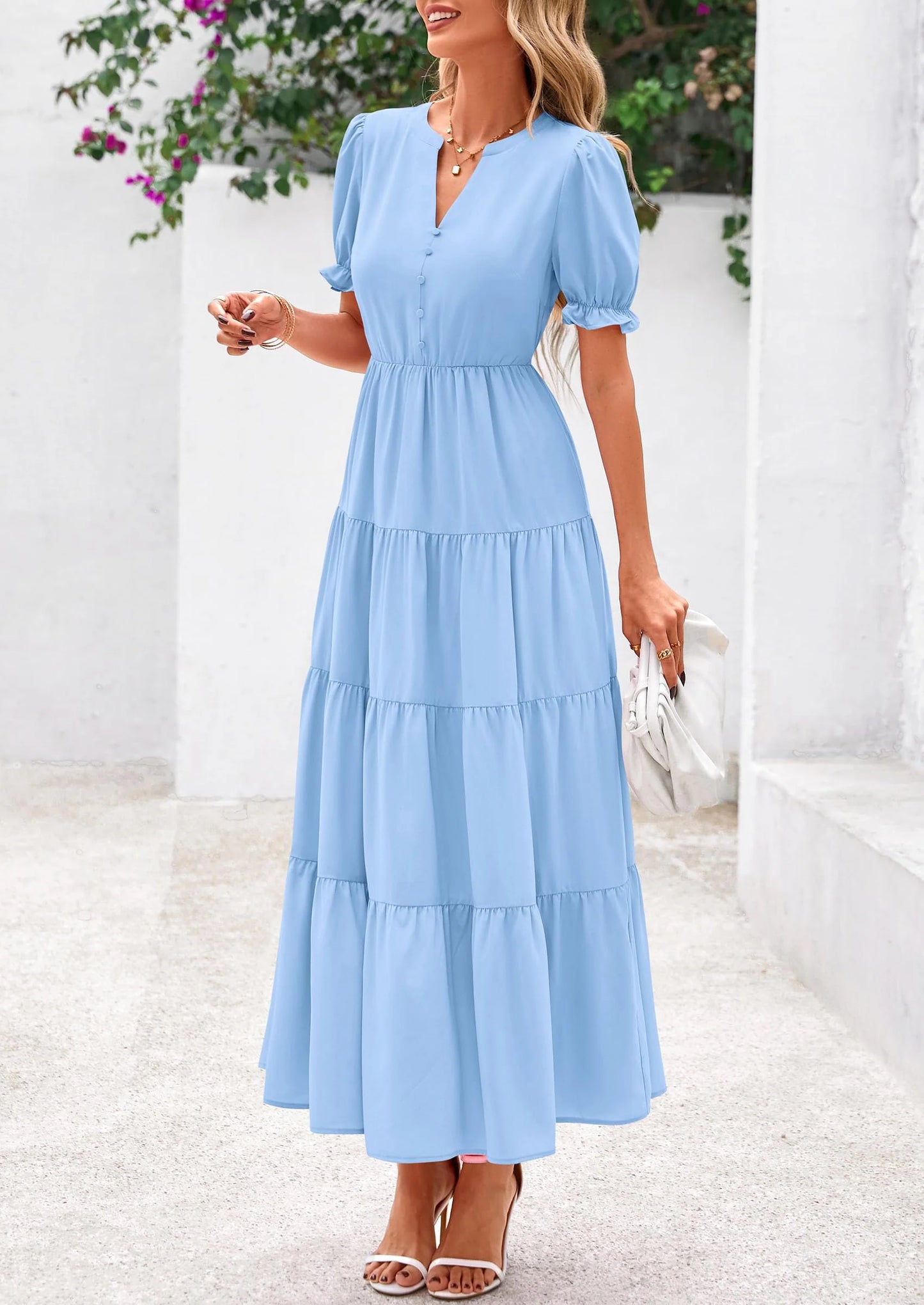 Women's Casual Short Sleeve V Neck Midi Dresses Spring A-line Tiered Wedding Guest Dress