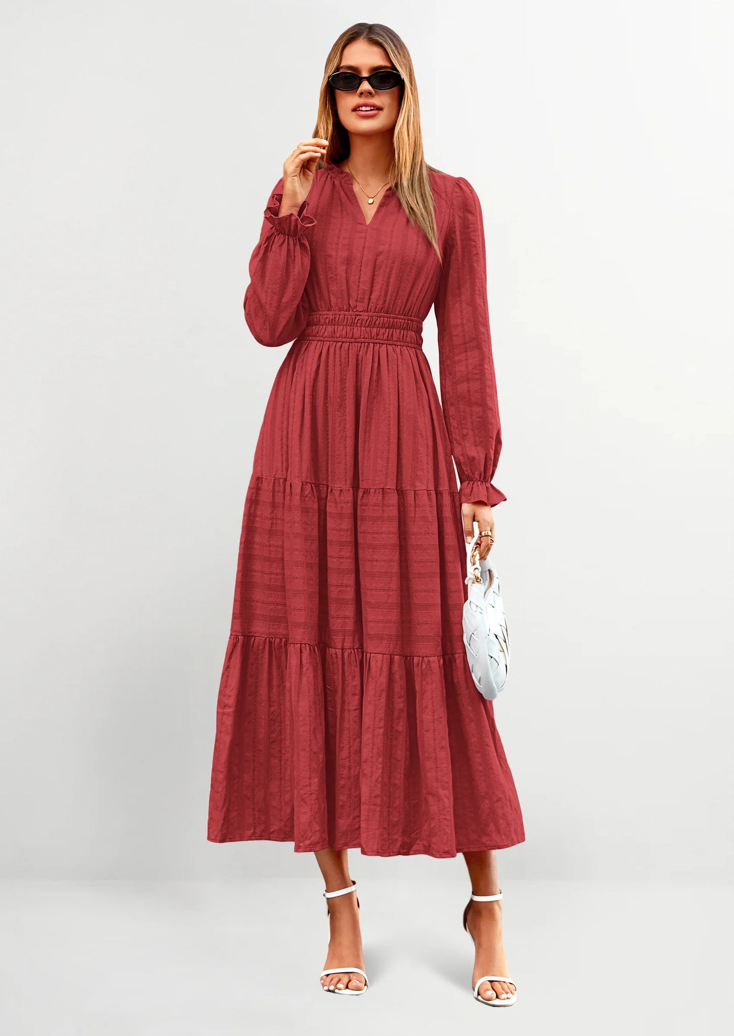Women's Fall Wedding Guest Dresses Long Sleeve V Neck Flowy Elegant Holiday Party Maxi Dress with Pockets