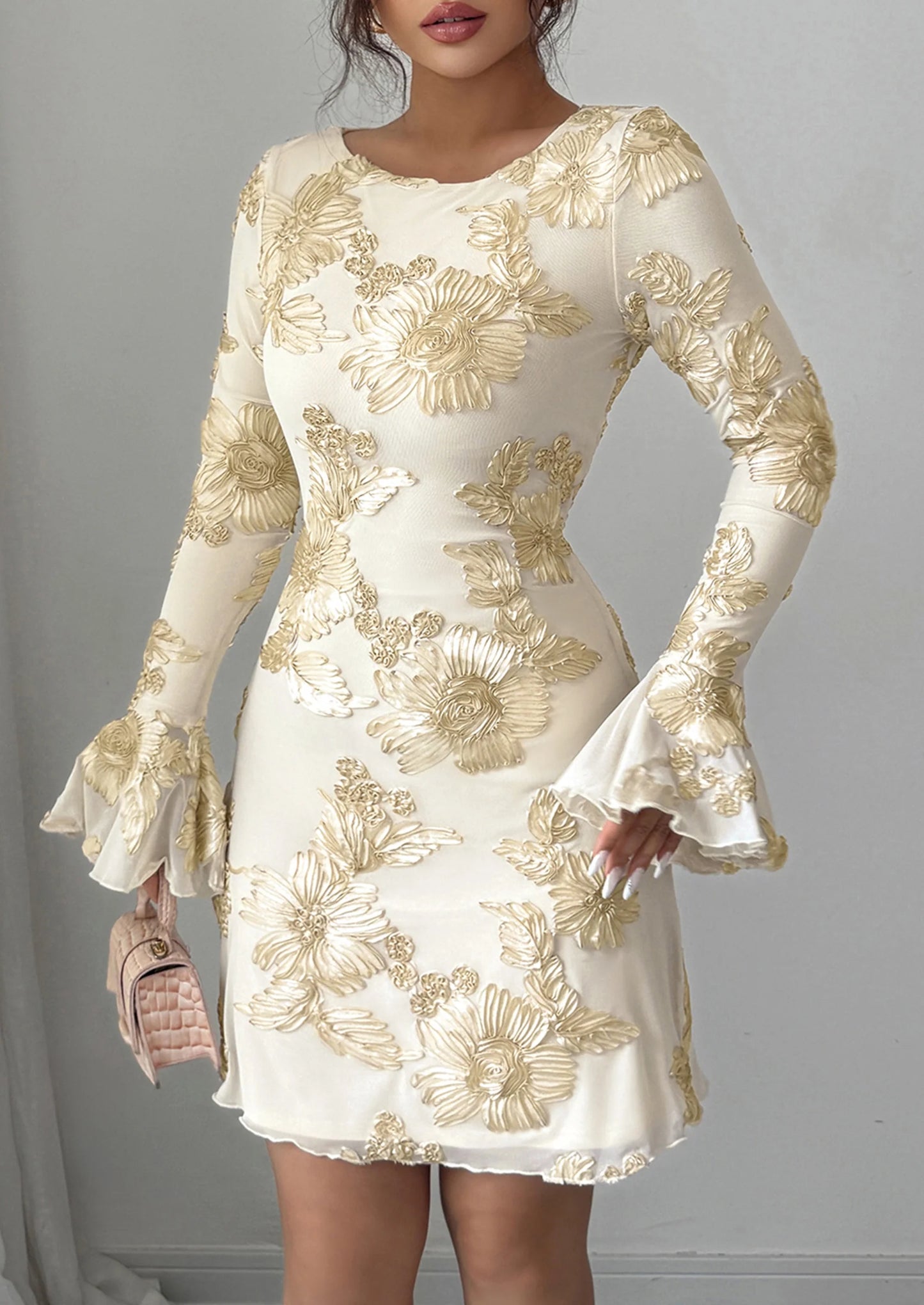 Women's Floral Embroidered Dress Fall Long Bell Sleeve Ribbon Flower Mini Short Mesh Bodycon Party Dresses