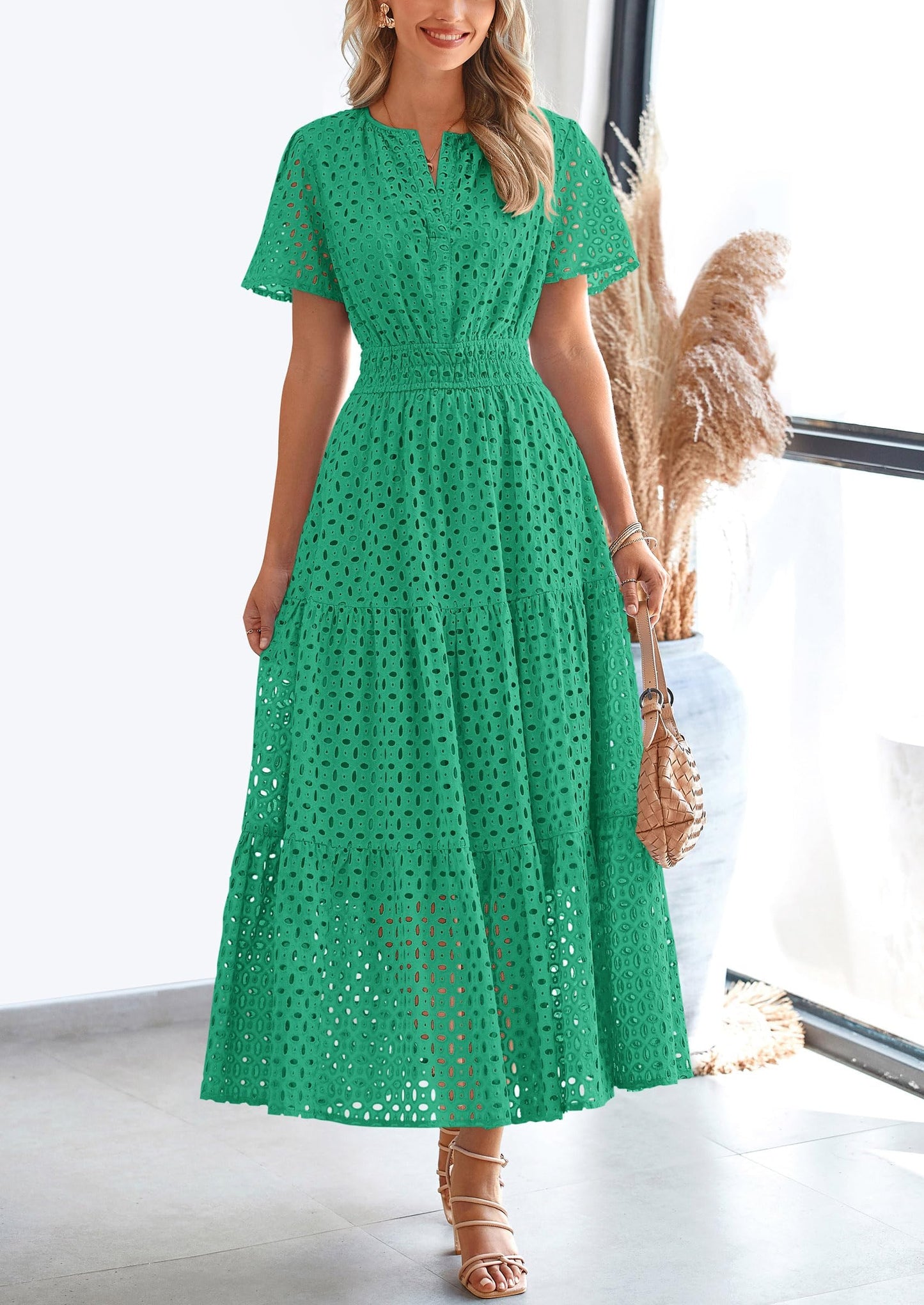 Womens Maxi Dress Short Sleeve V Neck Hollow Out Eyelet A Line Long Flowy Beach Vacation Dresses