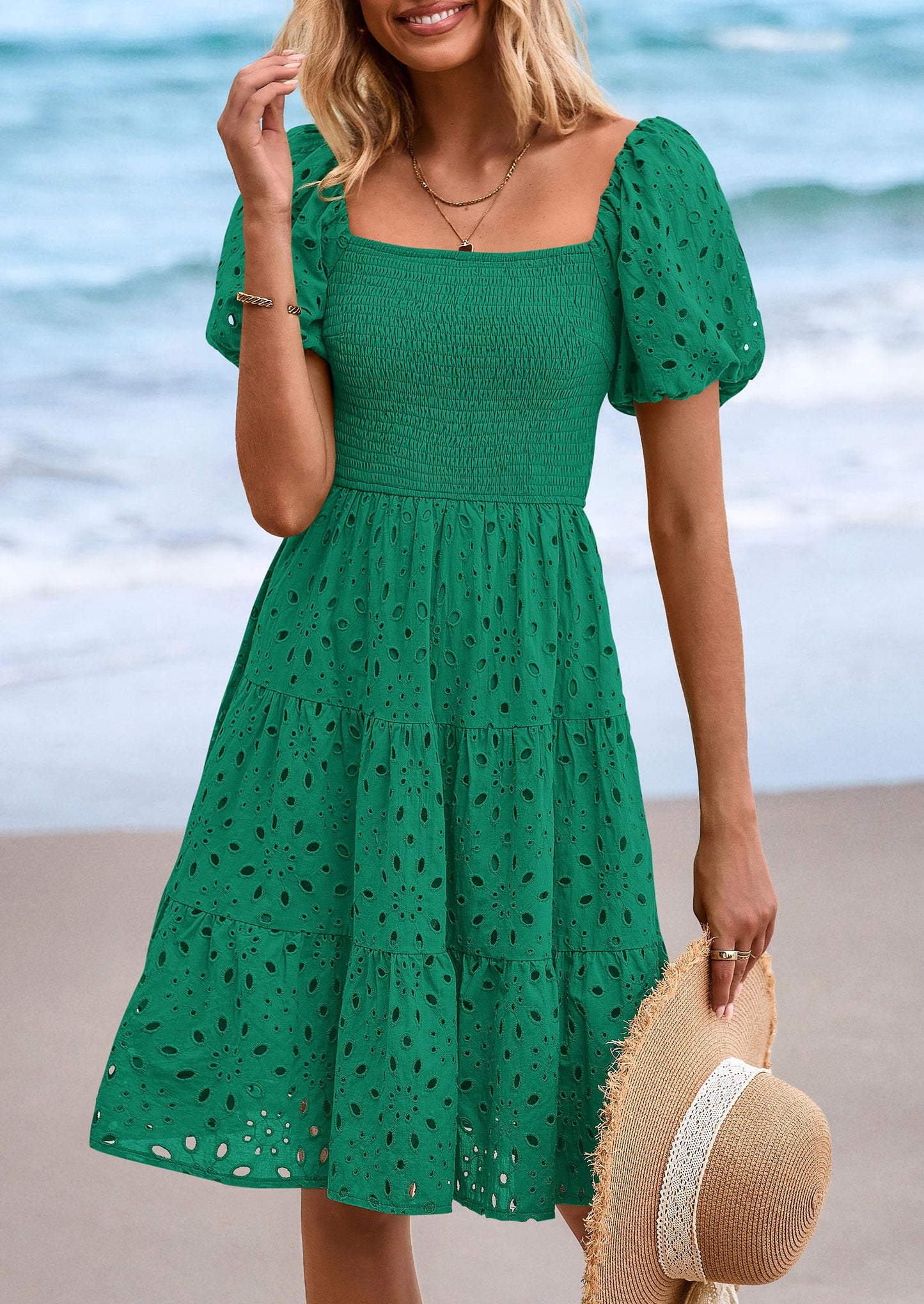 Womens Summer Puff Sleeve Mini Dress Off Shoulder Eyelet Smocked A Line Casual Babydoll Short Dresses