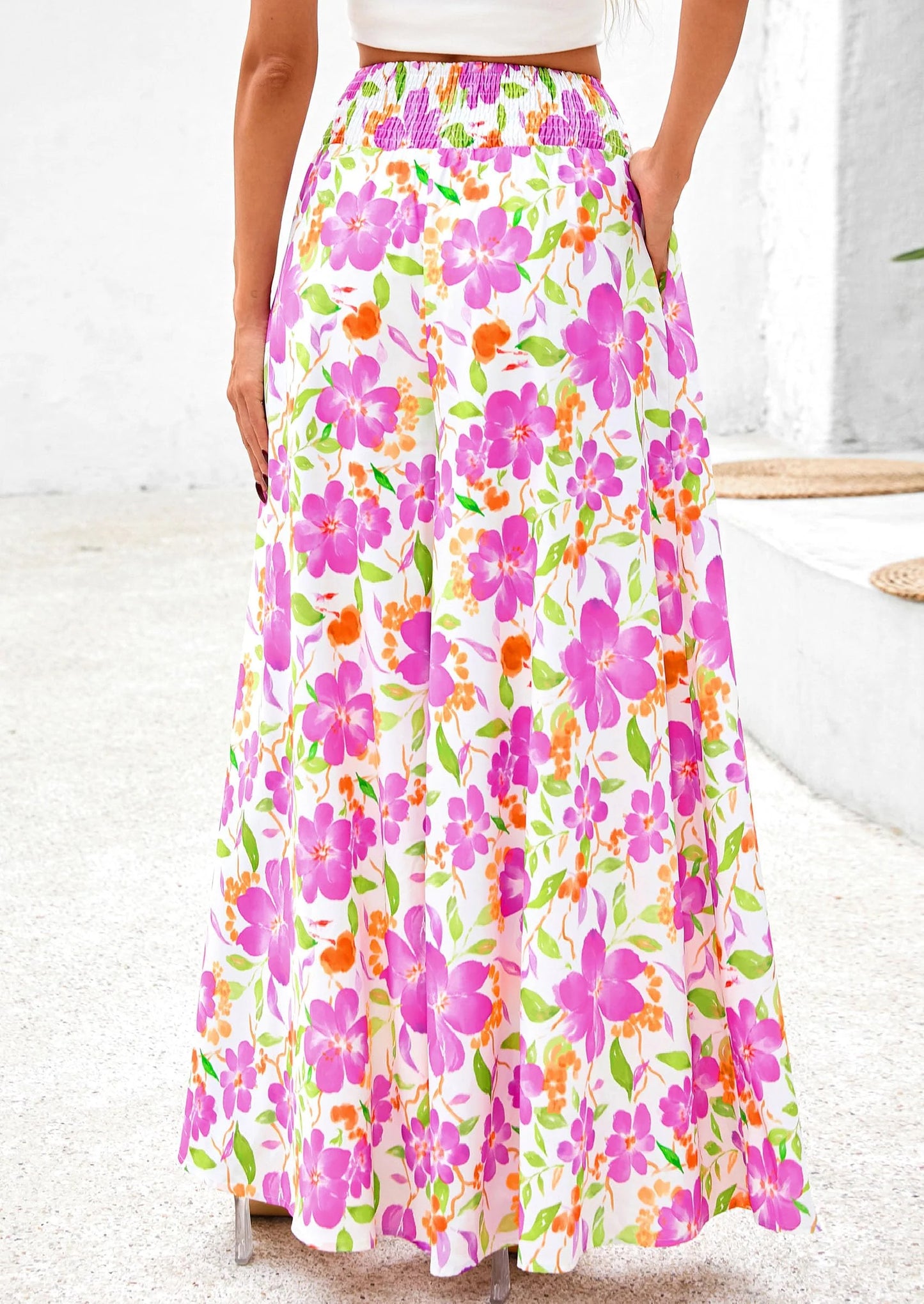 Casual Elastic High Waisted Pockets Boho Beach Wide Leg Palazzo Pants